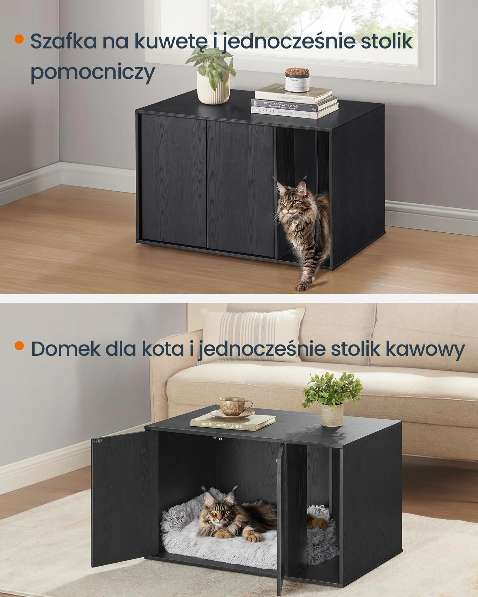SONGMICS HOME Szafka na kuwety dla kota, ultraszybki montaż bez użycia narzędzi, ociekacz dla dużych kotów, drzwi otwierane ciśnieniowo, stół, minimalistyczny, nowoczesny, czarny drewno PCL013B03