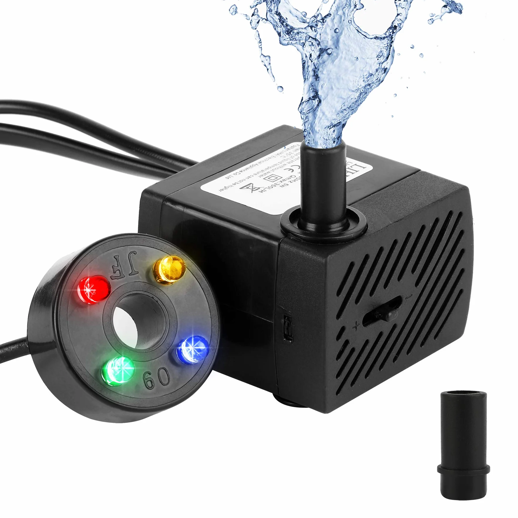 Mini pompa wodna z 4 diodami LED, 350 l/h, 3,5 W, do akwarium, pompa wodna do ogrodu, studni, ogrodu skalnego, pompa do akwarium, pompa zanurzeniowa, maks. wysokość tłoczenia 0,85 m