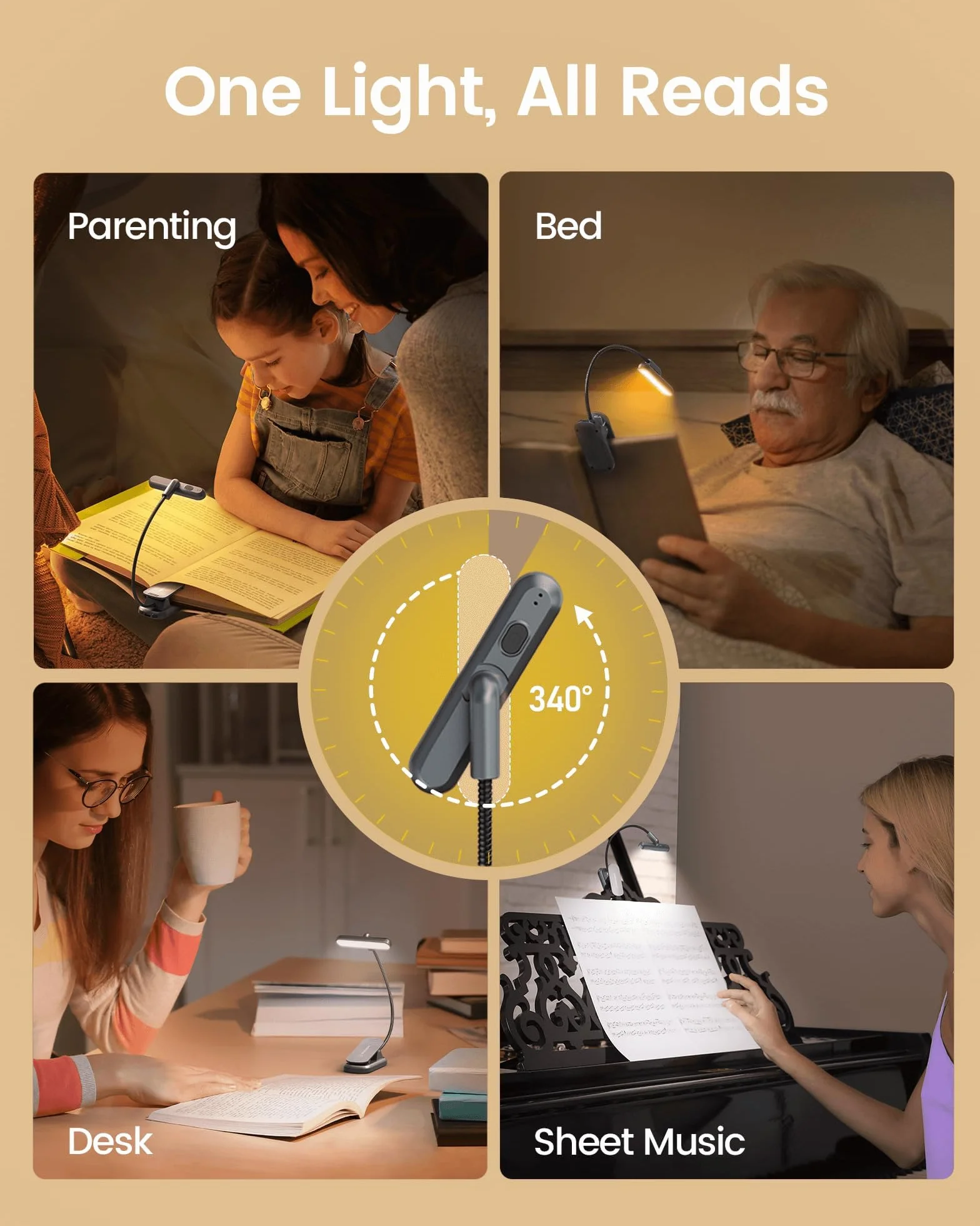 Obrotowa lampka do czytania książek w łóżku Glocusent, 22 diody LED o dwurzędowej konstrukcji z wyłącznikiem czasowym, bezstopniowym ściemnianiem i regulacją kolorów, ładowalna lampka do książek 1000 mAh (Szarość)