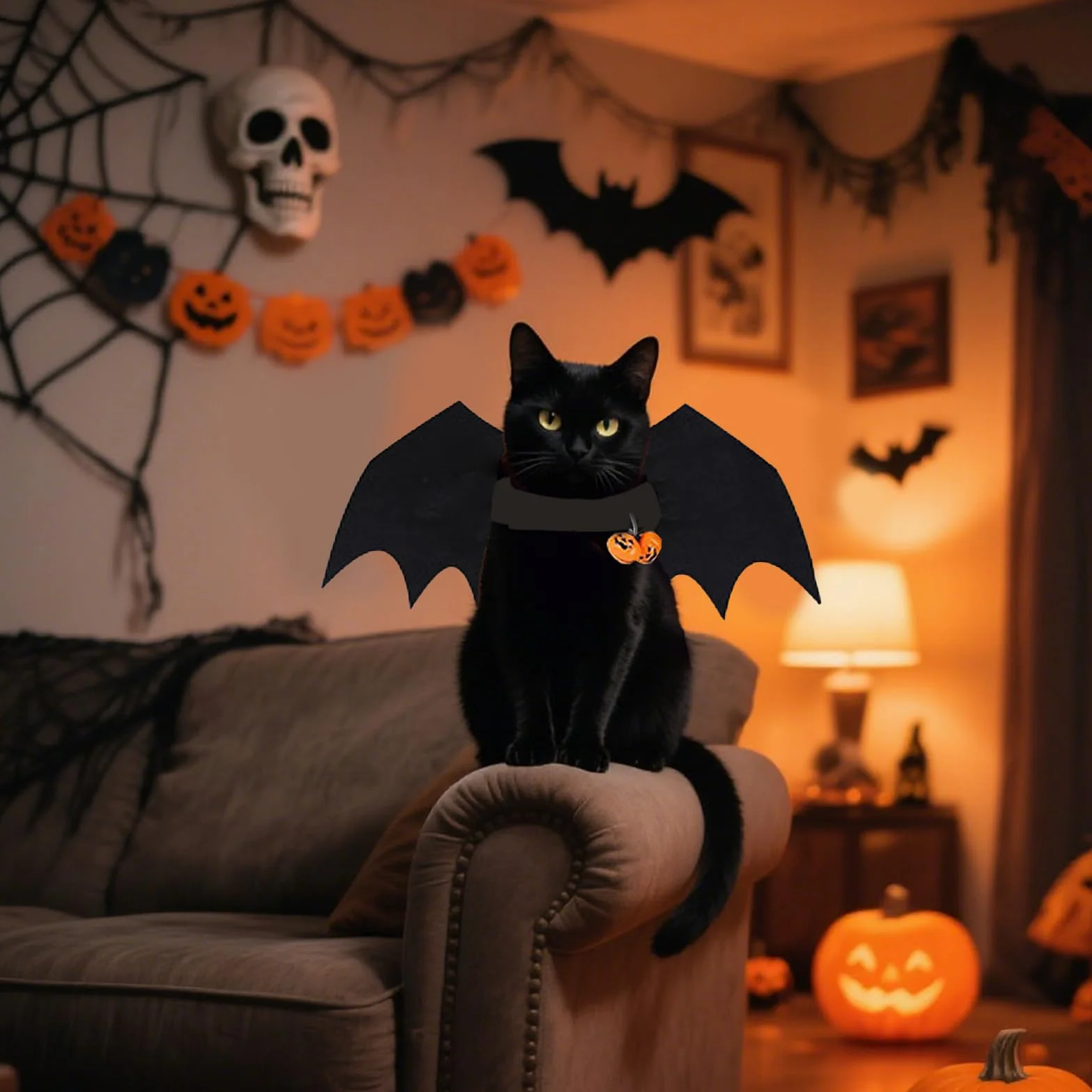 GWAWG Skrzydła nietoperza dla zwierząt domowych, kostium na Halloween, regulowane skrzydła wampira z dzwonkami dyniowymi, fantazyjny strój dla kota, psa, na Halloween, cosplay, urocze akcesoria