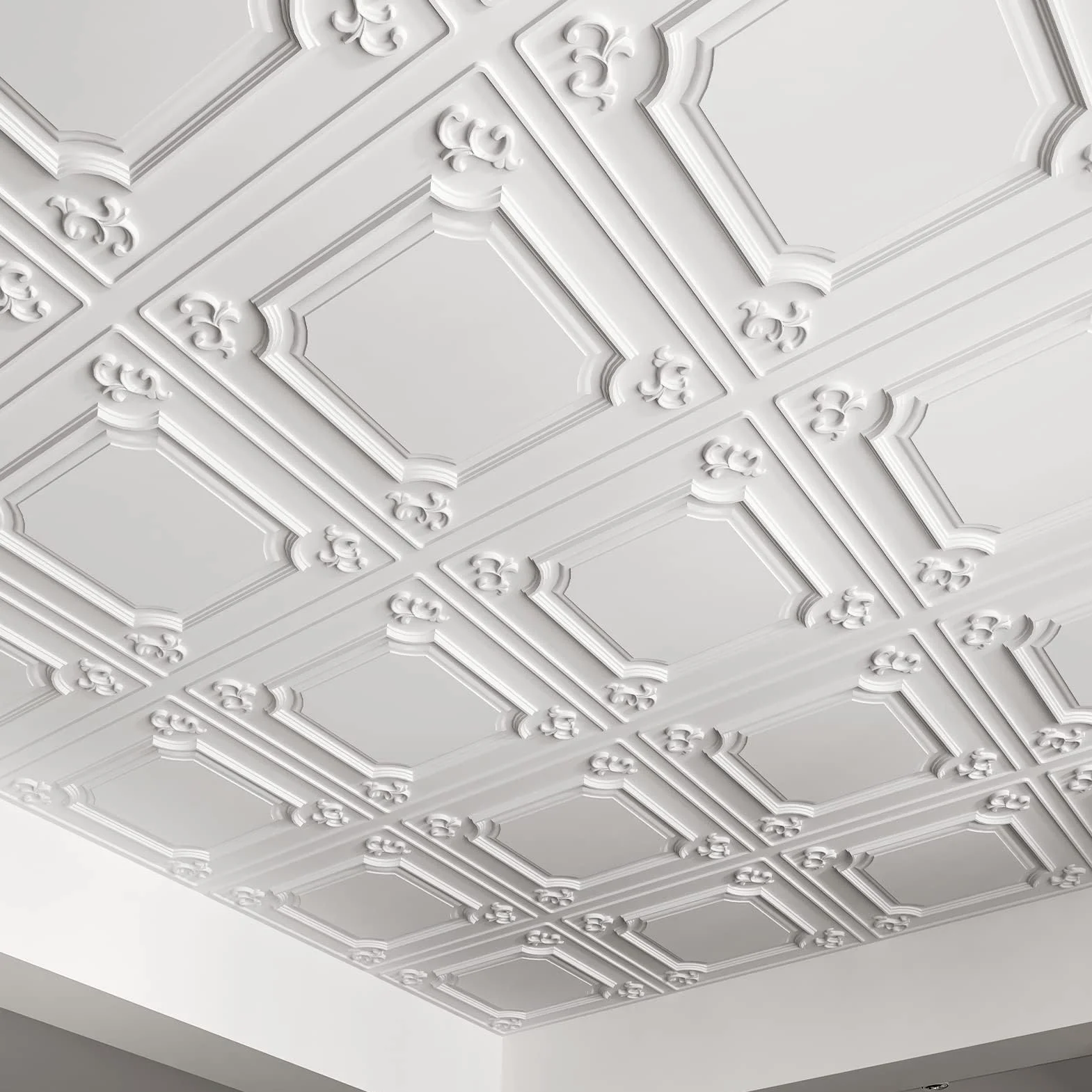 Art3d Wiszące płytki sufitowe, Panele ścienne 3D 61 x 61 cm, białe (12 szt., 4.5 ㎡), panele boczne, klejone
