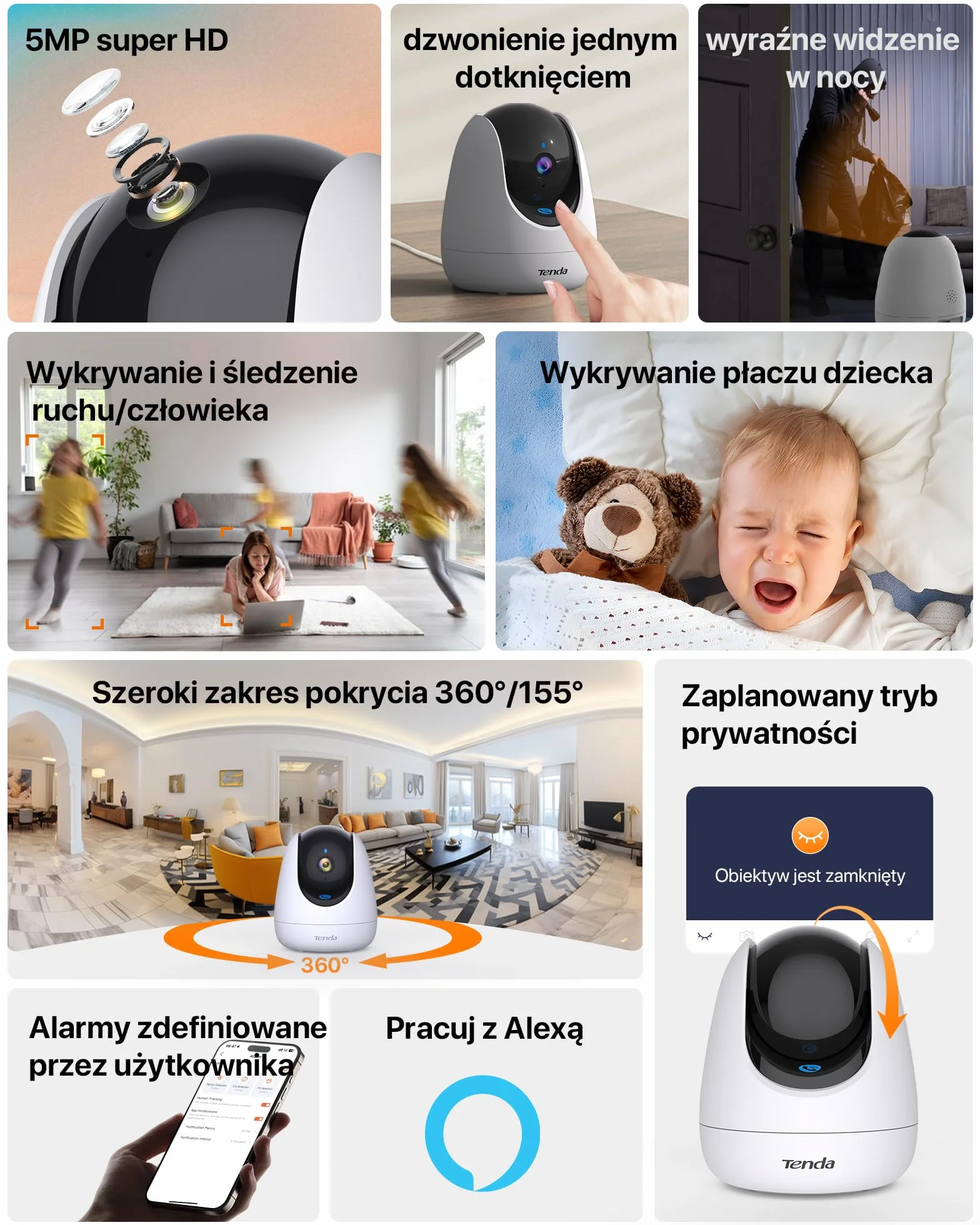 Tenda Kamera do monitoringu wewnętrznego CP7 V2.0, 360 stopni, Wi-Fi IP, 2-drożne audio, 5 MP, widoczność w nocy, alarm dźwiękowy i świetlny, śledzenie ruchu, kamera dla zwierząt domowych, kamera dla