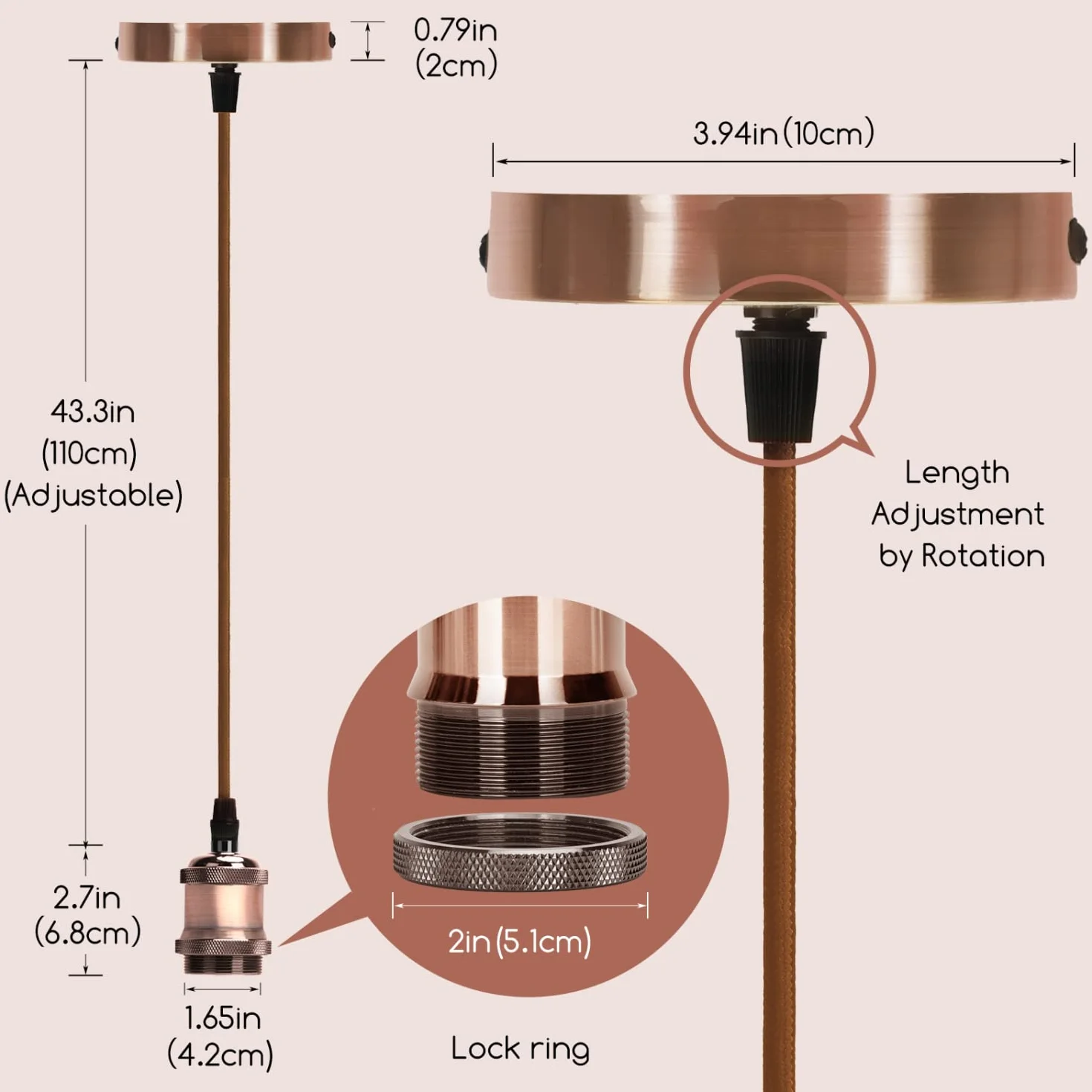 Aigostar Vintage Uchwyt na Lampę Wiszącą E27 Kabel Tekstylny 100 cm Metal Czerwona Miedź Lampa Sufitowa Retro