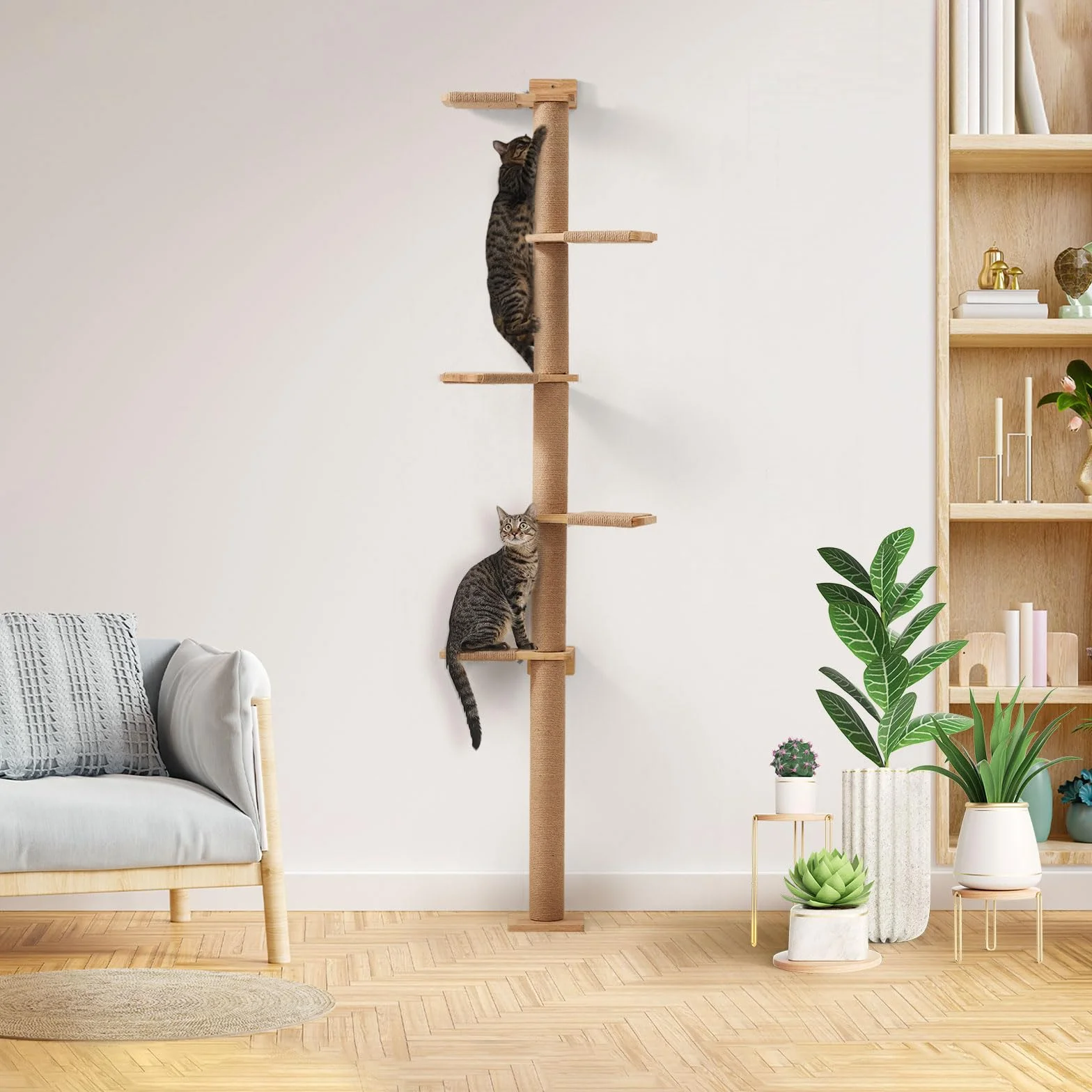 FUKUMARU Tall Cat Tree, 5 Tier Floor to Ceiling Cat Tower, Wall-Mounted Cat Scratching Post, Wild Simulation Cat Wall Shelves, Suitable for Cats Climb, Scratch, Lookout and Play