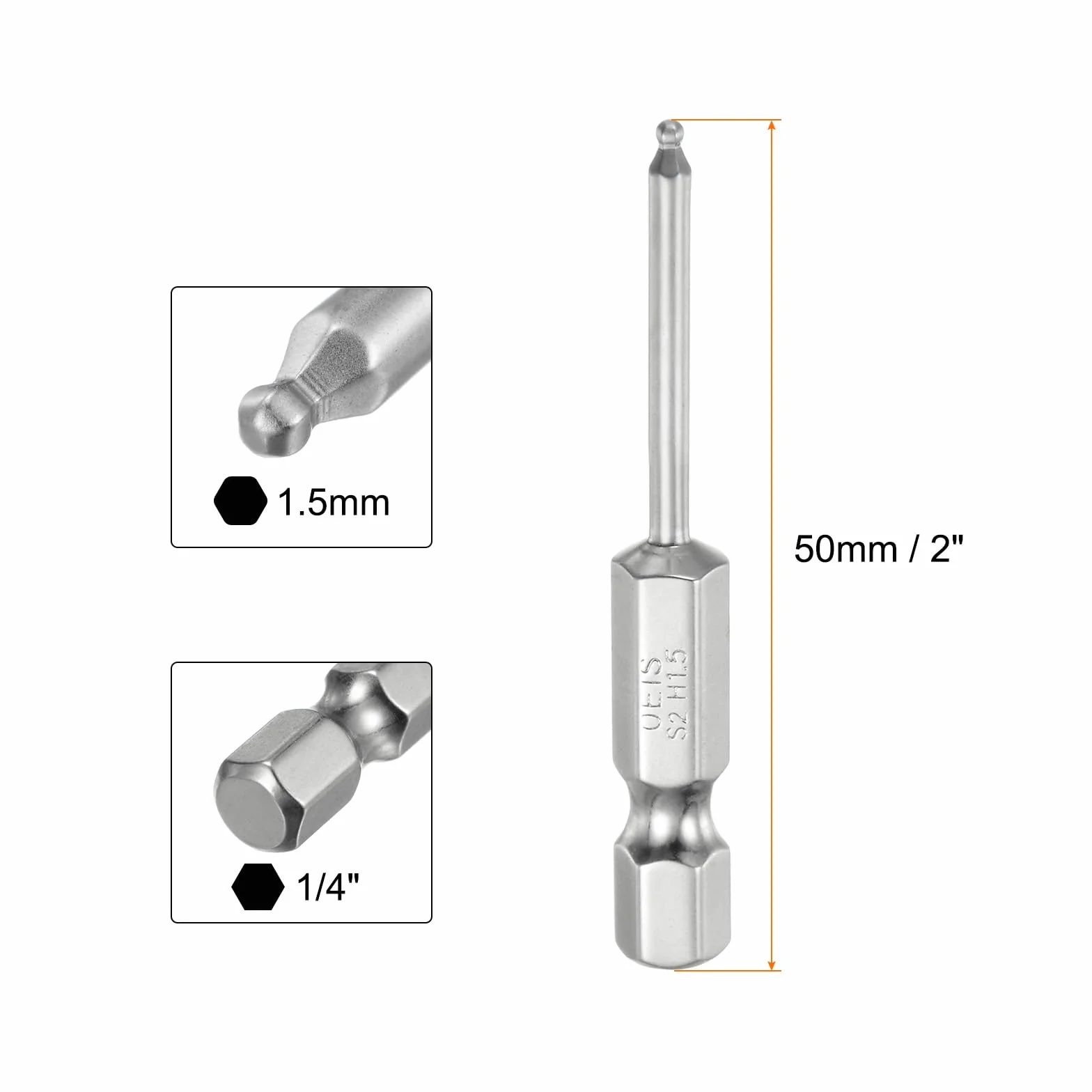 QUARKZMAN Magnetyczne końcówki wkrętakowe z kulkami 1,5 mm (H1,5), rozmiar 1/4", złącze sześciokątne 50 mm (2"), długość magnetycznych końcówek głowicy kulkowej stal S2 metryczna