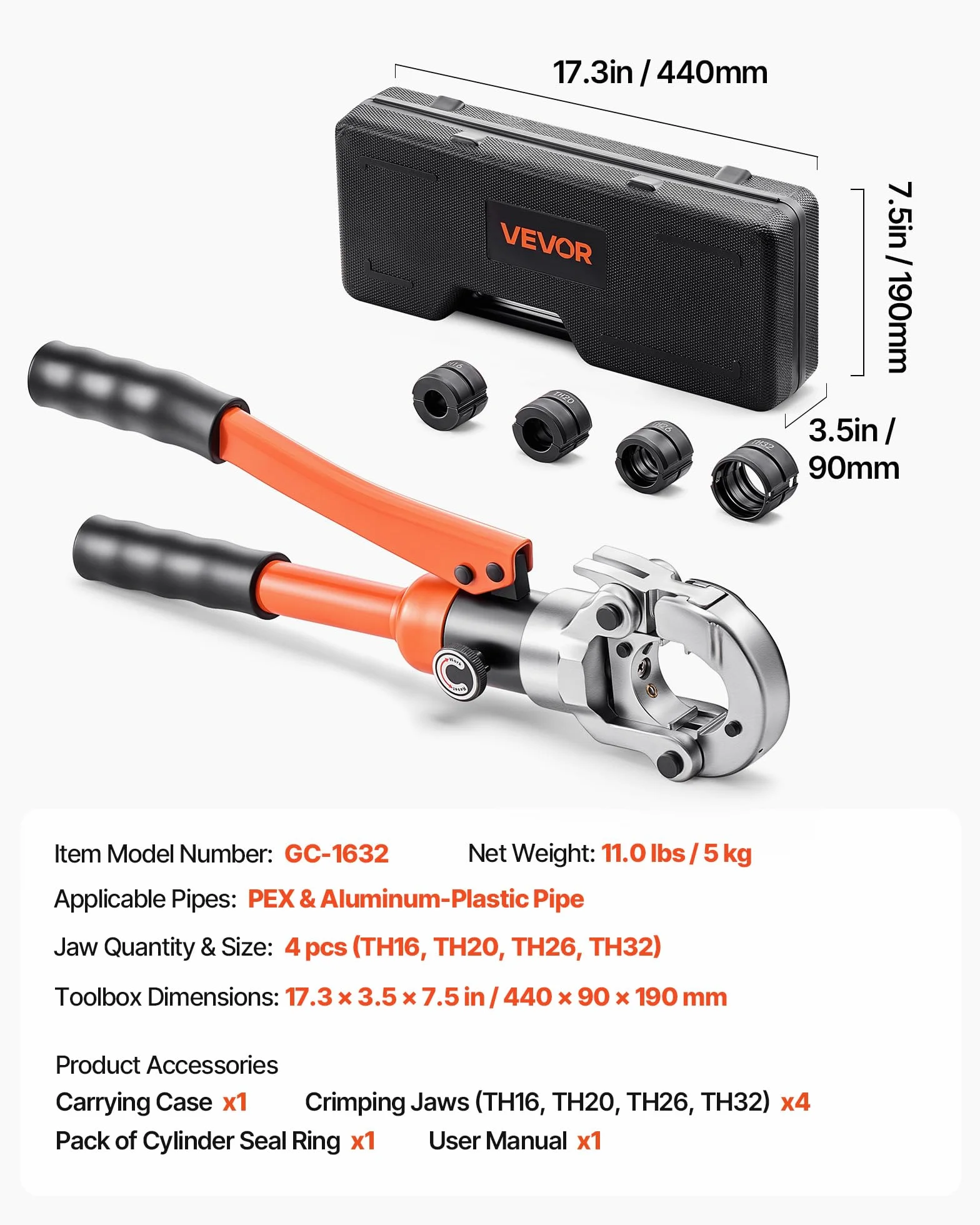 VEVOR Hydrauliczne narzędzie do zaciskania rur PEX, zaciskacz ze szczękami TH16 TH20 TH26 TH32, zestaw