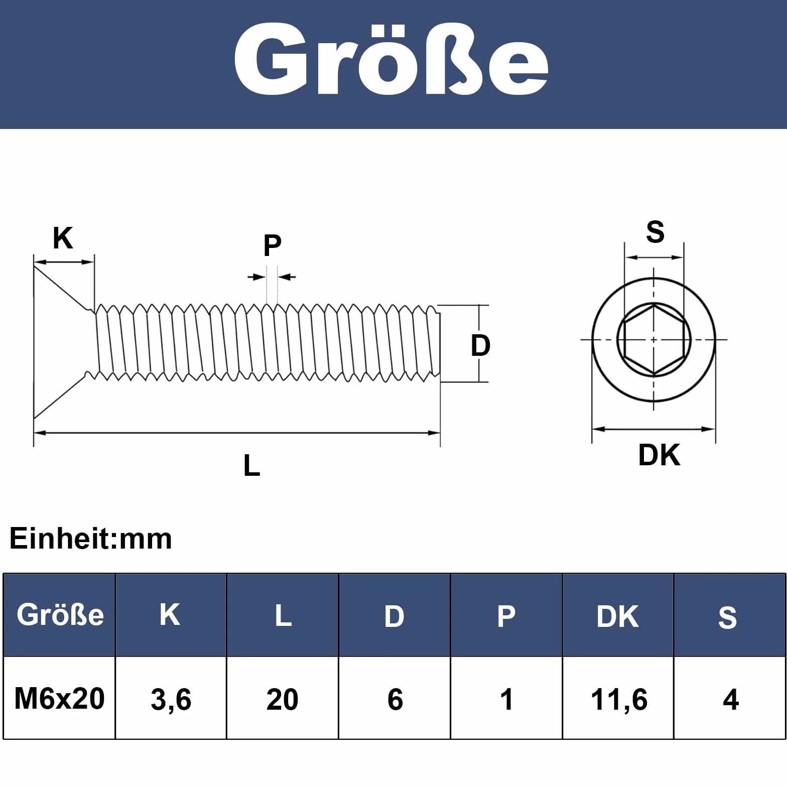 Śruby z łbem wpuszczanym M6 x 20 mm ze stali szlachetnej A2 V2A, pełny gwint, klucze imbusowe, czarne