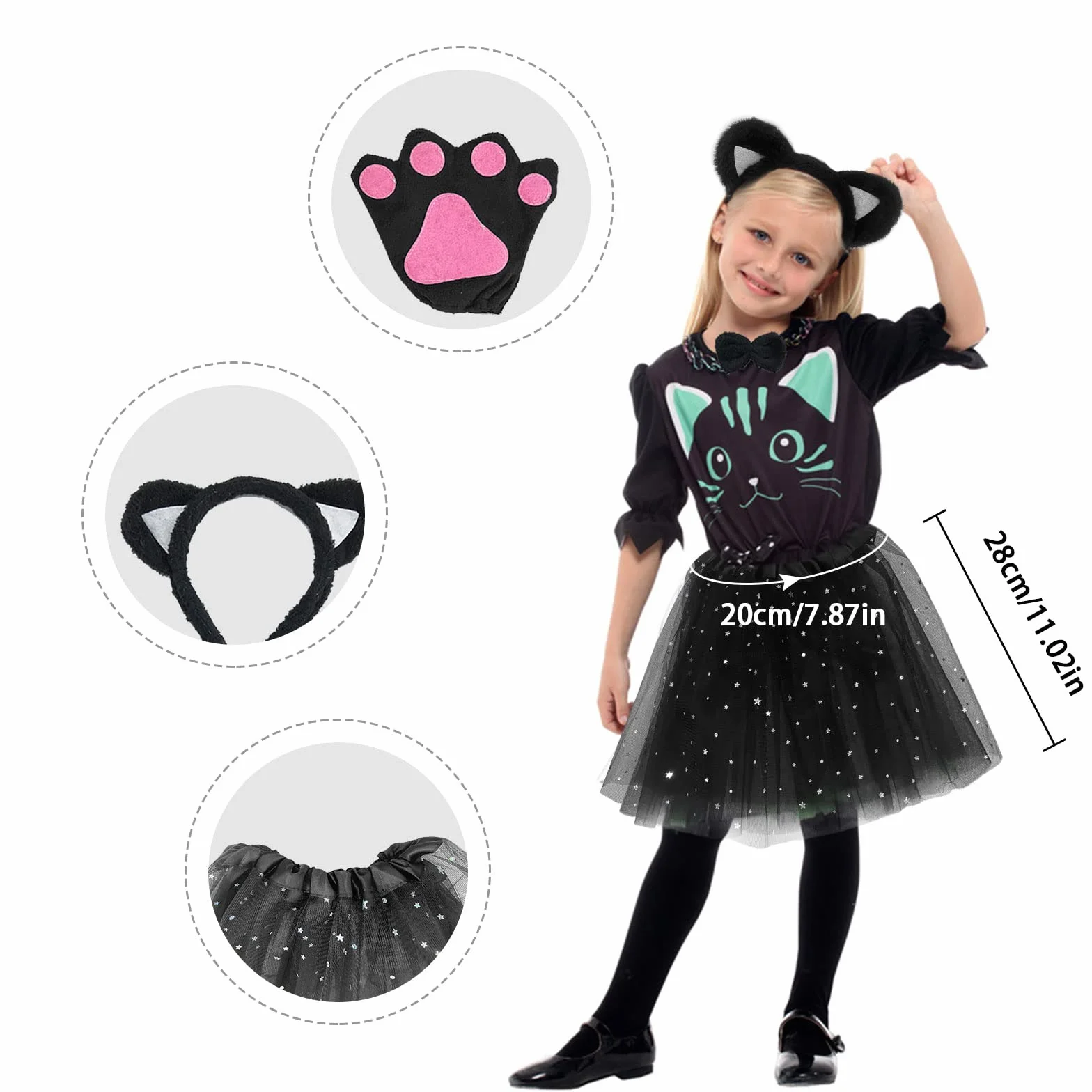 TSHAOUN Zestaw kostiumowy kot, sukienka zwierzęca, cosplay, kocie uszy, opaska na czoło, kocie, uszy, kołnierz, łapy, rękawiczki, czarna tutu, na Halloween, karnawał, karnawał