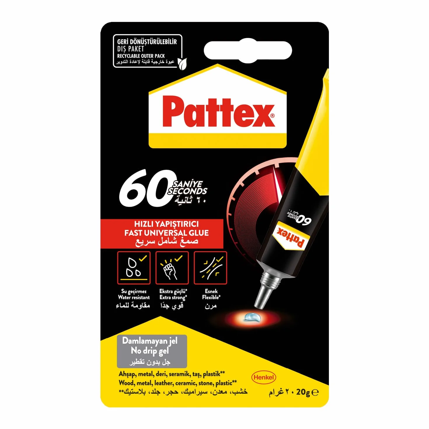 Pattex Uniwersalny klej na 60 sekund, uniwersalny klej do napraw domowych, szybki klej 60 sekund, mocny klej do różnych materiałów, 1 x tubka 20 g
