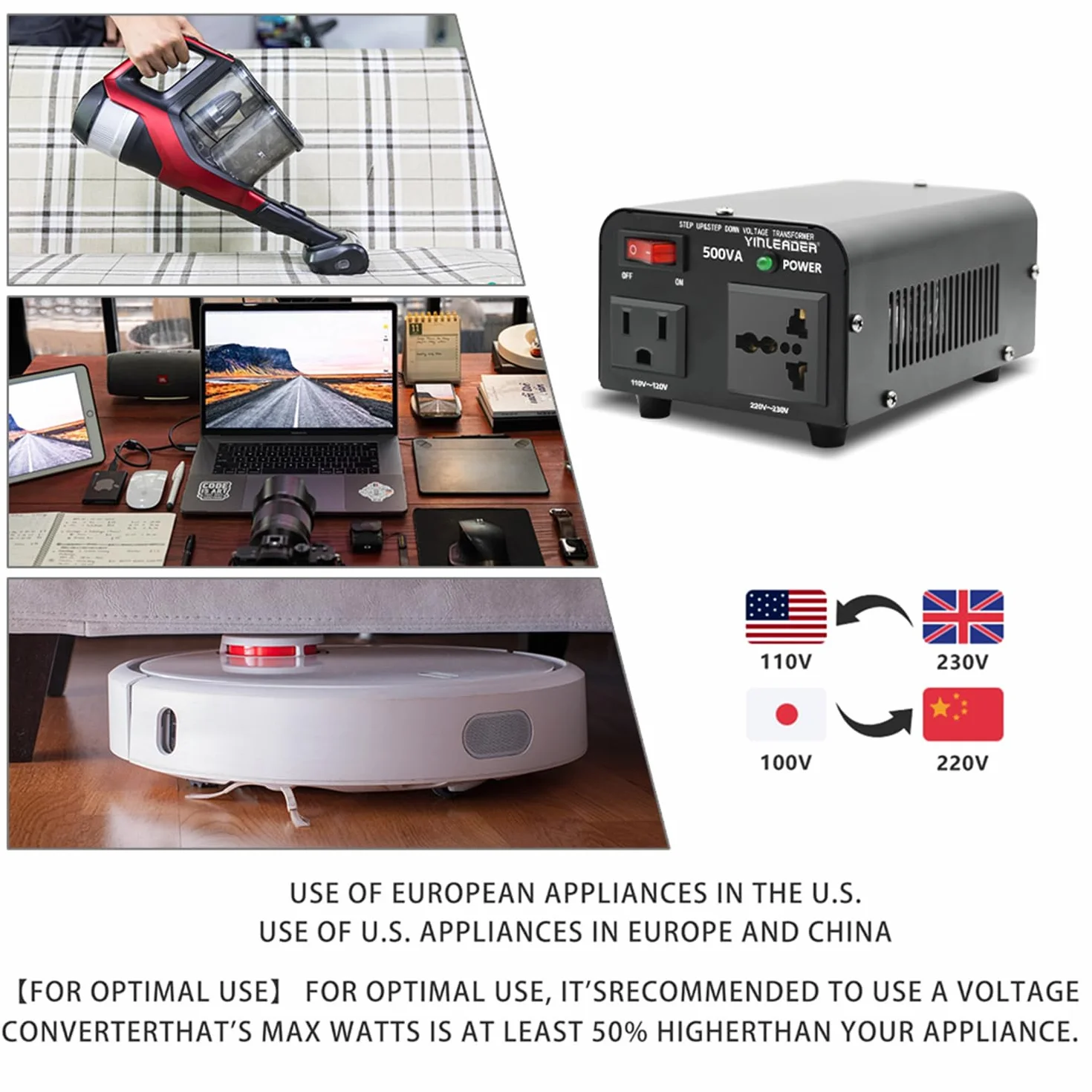 Yinleader Amerykański przetwornica napięcia 500 W, 230 V, 110 V, 500 VA, wejście: 110 V lub 220 V / Wyjście: 110 V i 220 V