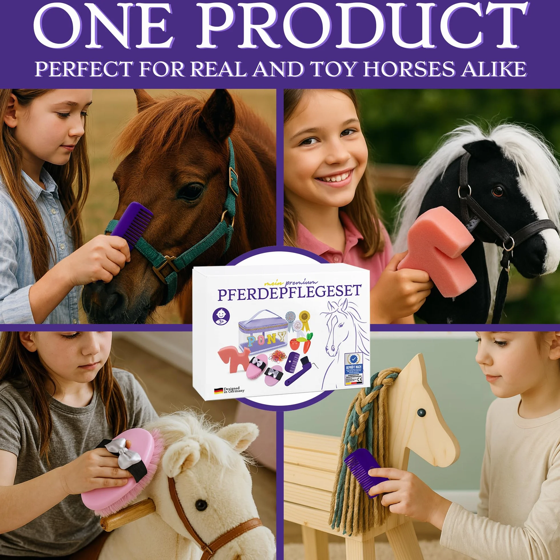 Akcesoria do hobby horse – prawdziwy zestaw do pielęgnacji koni i torebka do szczotkowania dla dzieci – z szczotkami, drapaczem do kopyt, kokardkami – prezent dla dziewczynek