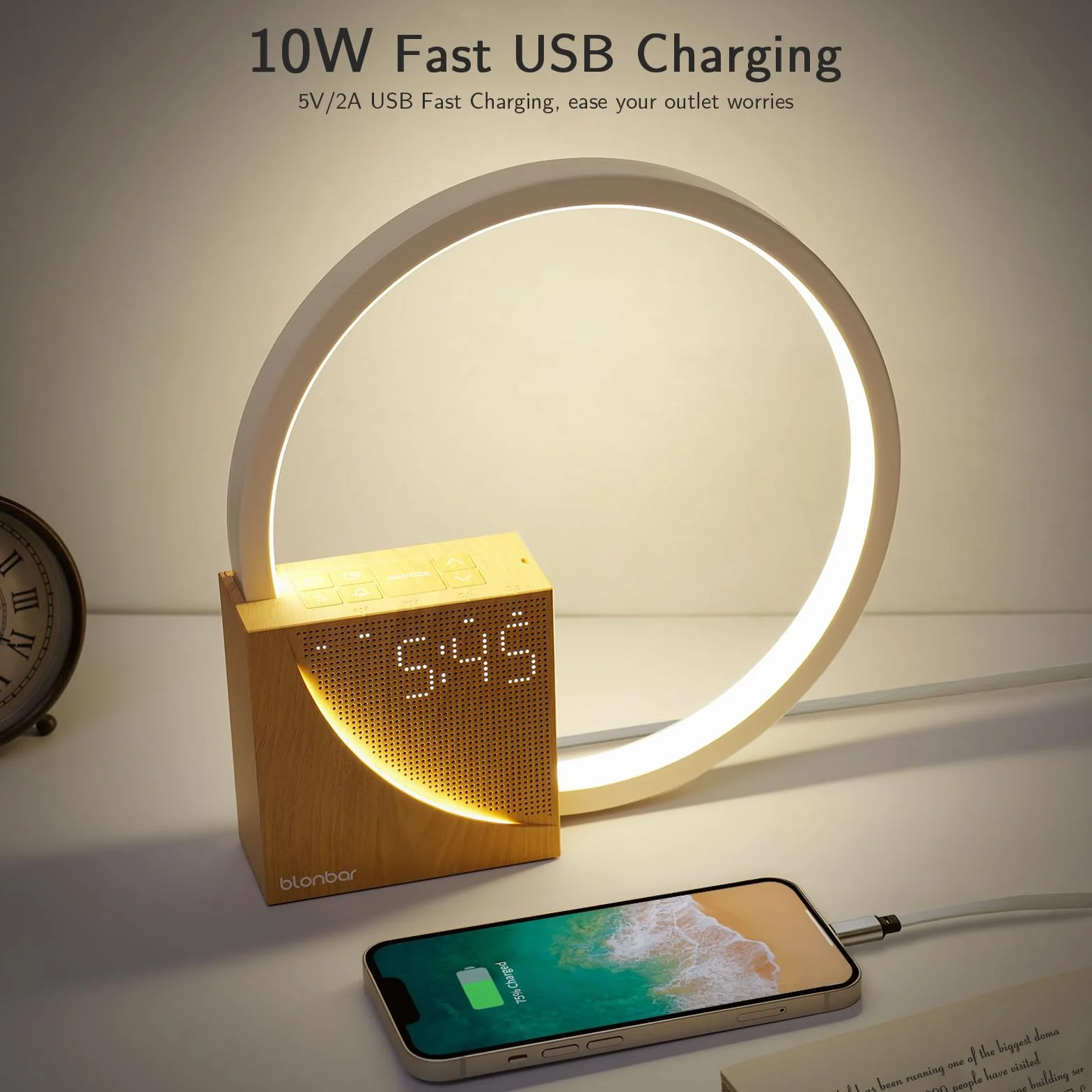 blonbar 10W lampka nocna z funkcją ładowania USB, budzik Wake Up Light, sterowanie dotykowe, ściemnialna lampka stołowa, pomoc w zasypianiu dla niemowląt i dorosłych, 3 poziomy jasności, lampka nocna