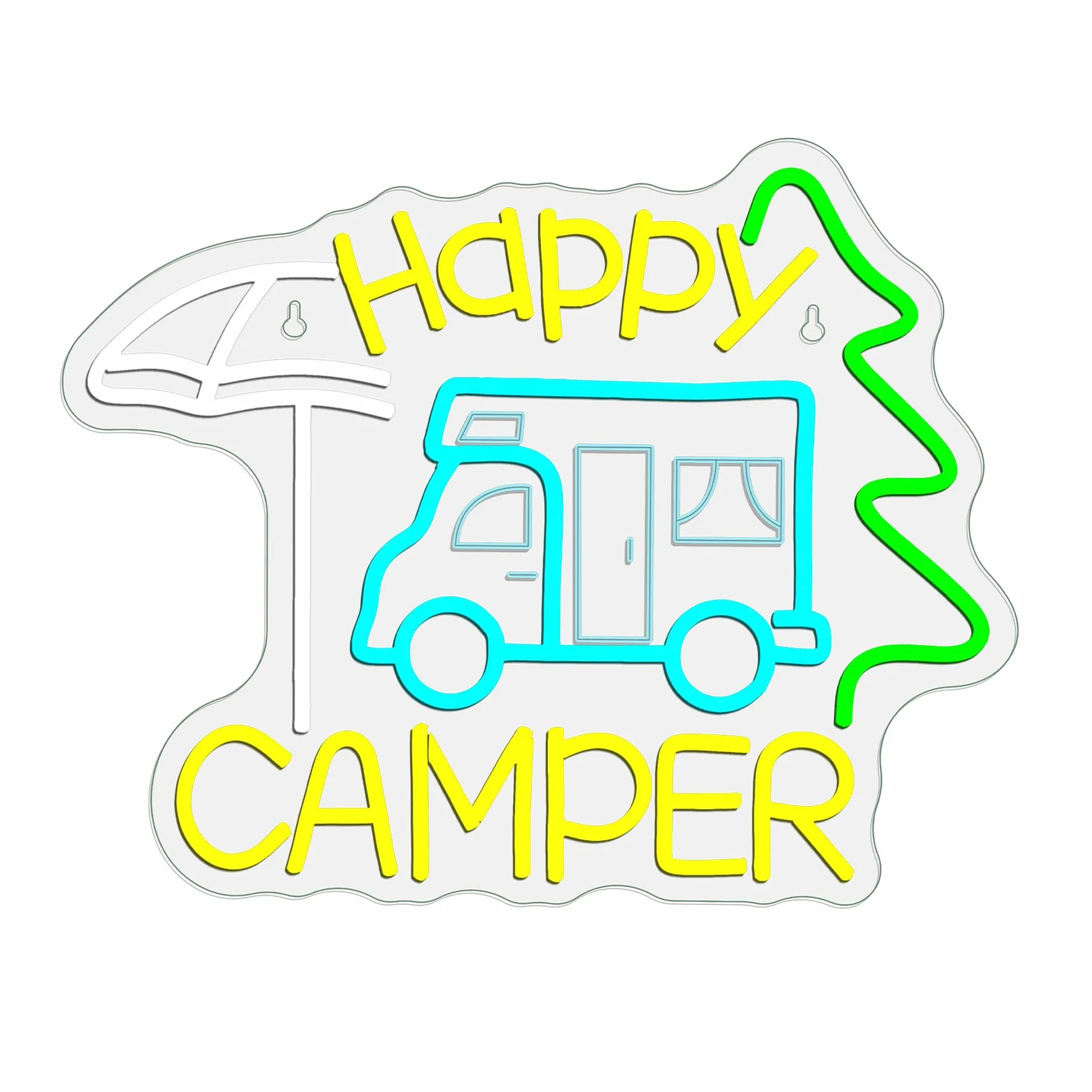 Szyld neonowy Happy Camper, szczęśliwy camper LED, napis LED do kamperów, reklama świetlna do dekoracji miejsc takich jak kemping, pikniki, biwak, namiotowe miejsce, taras, ogród