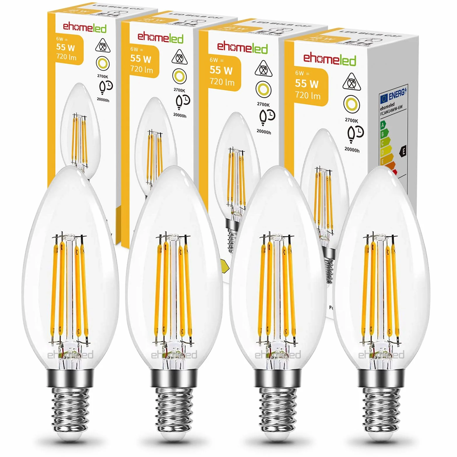 E14 żarówka LED z filamentem, ciepła biel 2700 K, przezroczyste szkło, 720 lm, 6 W (= 55 W), żarówka w stylu retro, bez możliwości ściemniania, do żyrandoli i dekoracji, 4 sztuki w opakowaniu