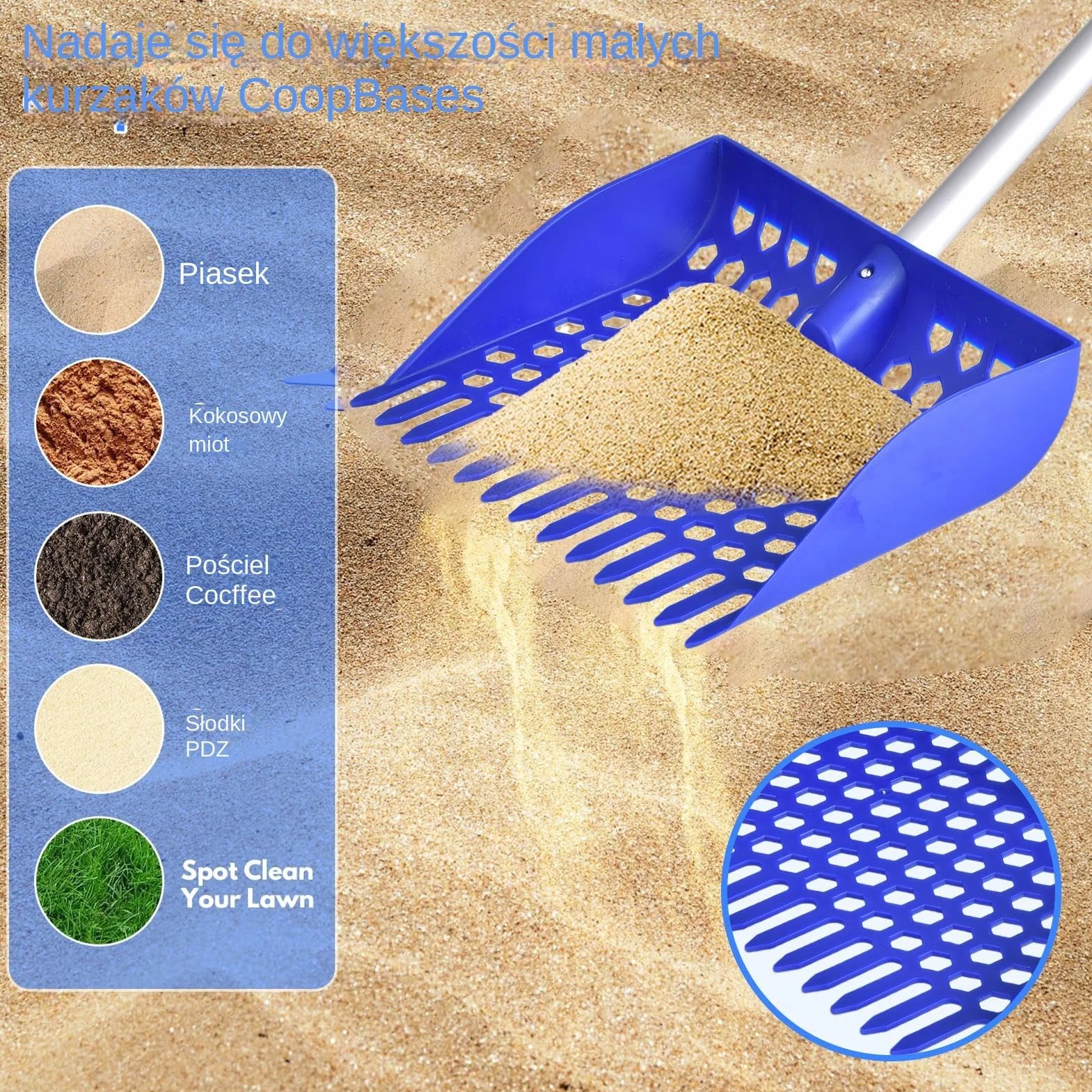 Chicken Coop Scooper, Rake and Scoop Tool with Long Handle 9.65x8.66x2.36 inches, Detachable Shovel for Poultry, Stall, Farm Animal Litter Cleaning, Sand Sifting, Easy Coop Maintenance