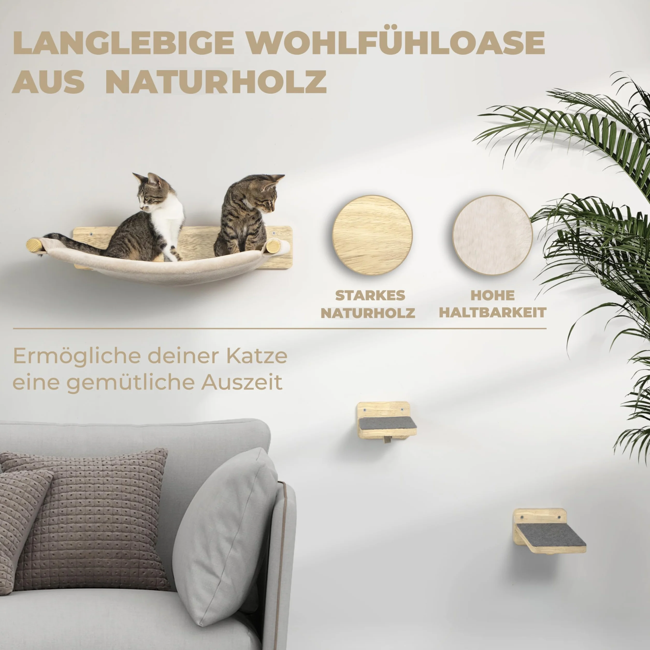 WOOWOOD® Ścianka wspinaczkowa dla kotów - 2 x Schodki ścienne dla kota [Pełne drewno] - Drzewko do wspinaczki na ścianie - Koci hamak - Ścianka do wspinaczki - Meble dla kotów - Ścianka dla kotów