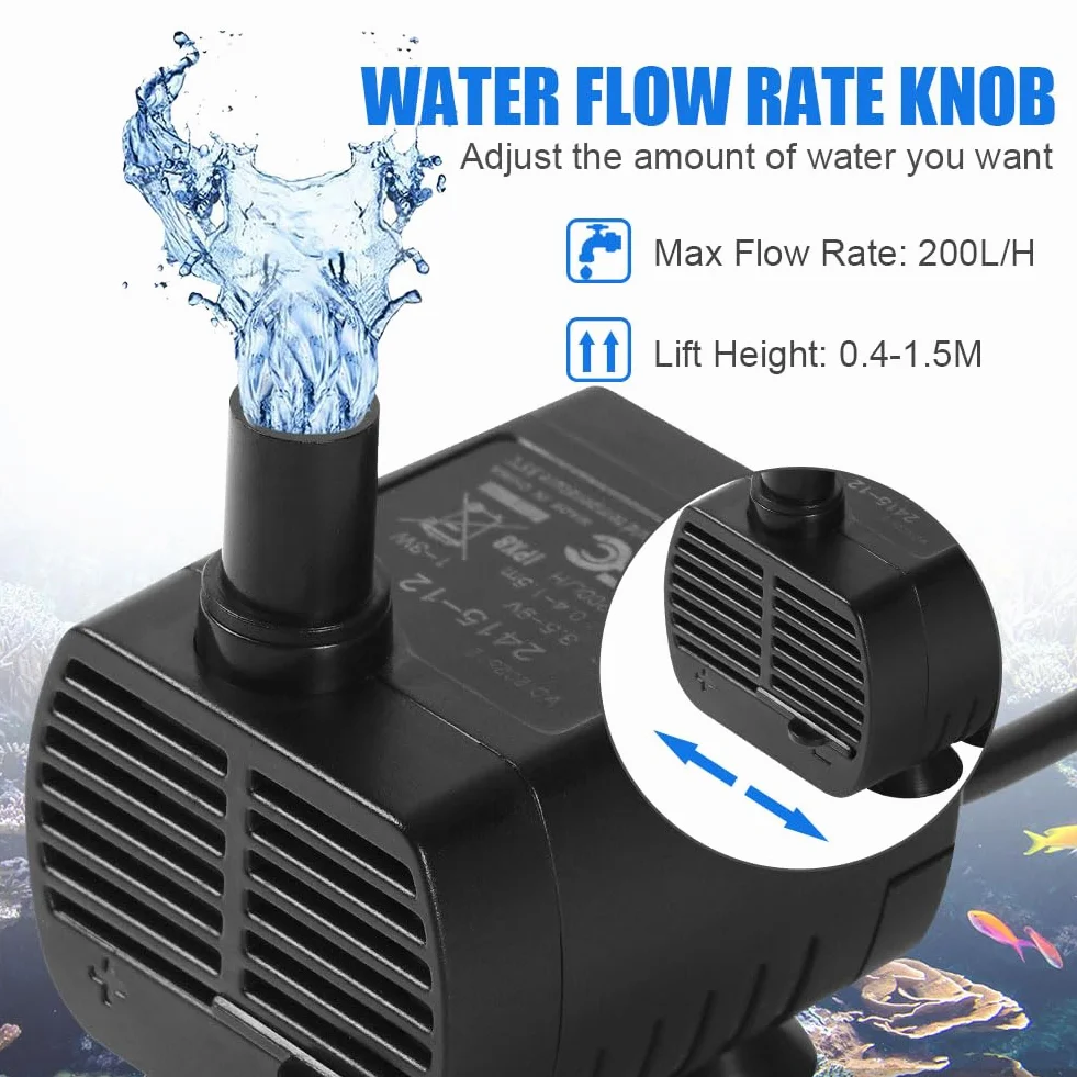 Flintronic Mini Pompa Wodna 200 l/h, 3 W - Zatapialna, Akwariowa, Cyrkulacyjna Do Akwarium, Fontanny, Stawu - Czarna