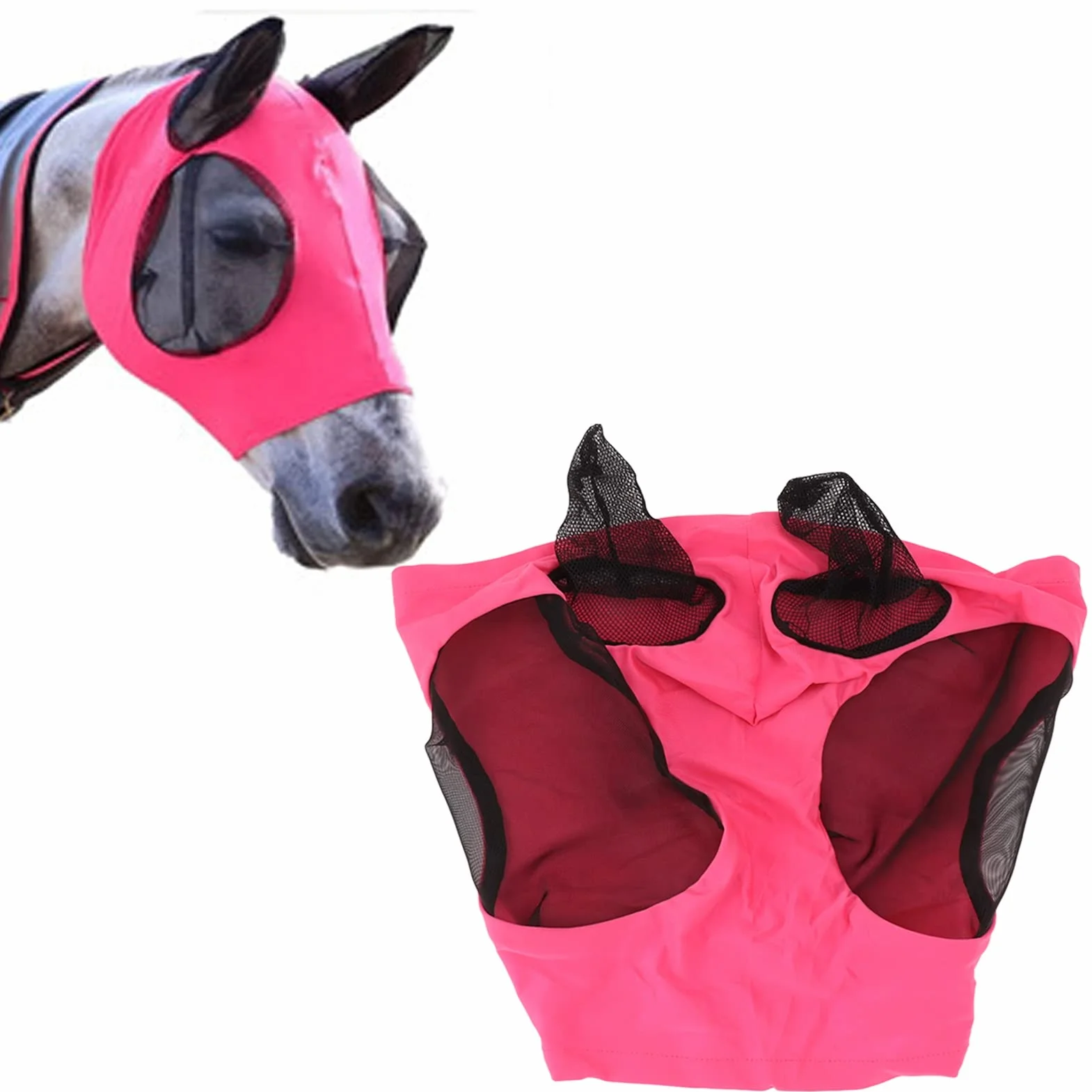 Horse Fly Mask, Elastyczna, Oddychająca Siatkowa Maska ​​dla Koni z Ochroną Uszu(Czerwona róża)