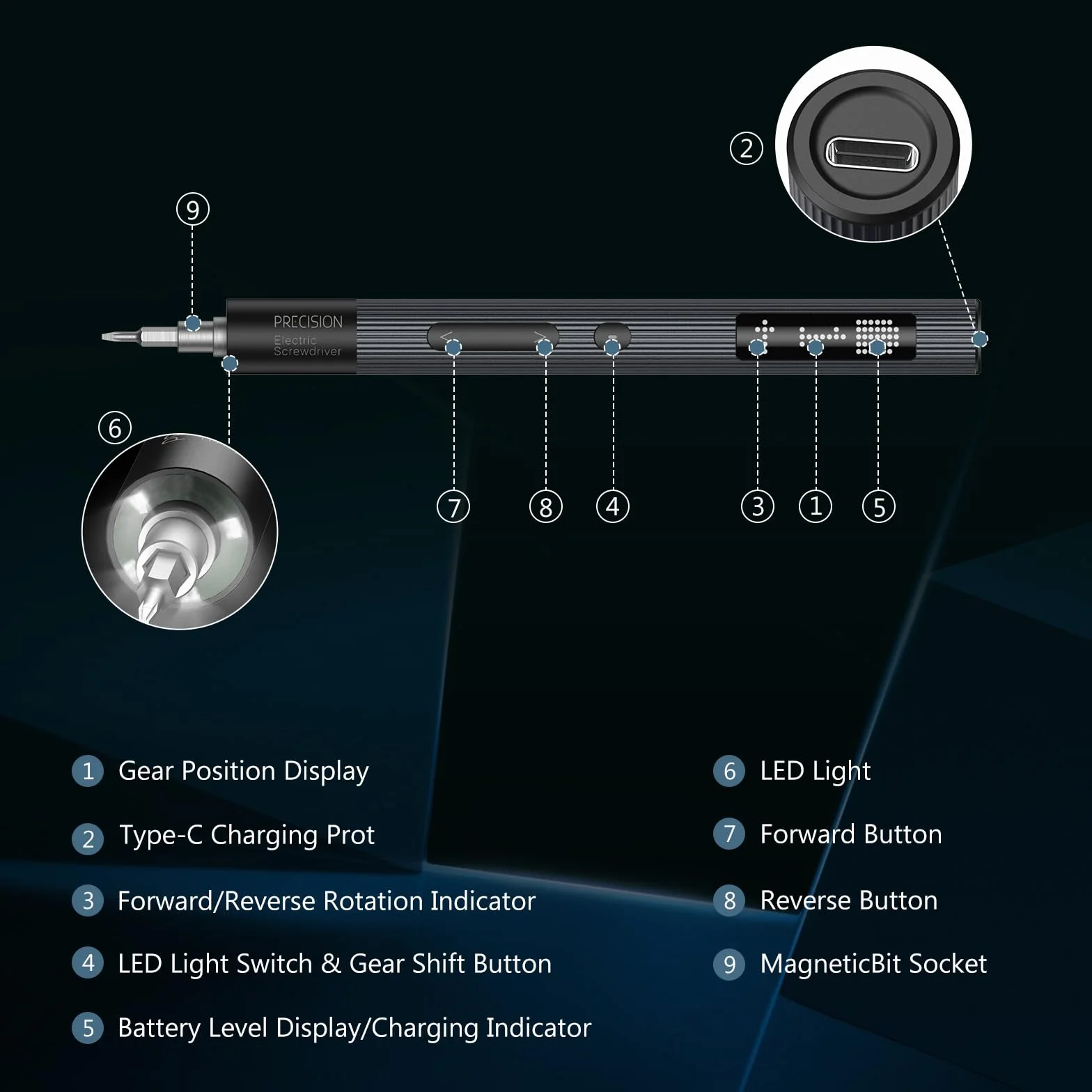 Precision Power Screwdriver, precyzyjny śrubokręt elektryczny, 50 IN 1 mini wkrętarka elektryczna z 40 końcówkami, wkrętarka akumulatorowa z lampką LED do telefonu, zegarka, laptopa