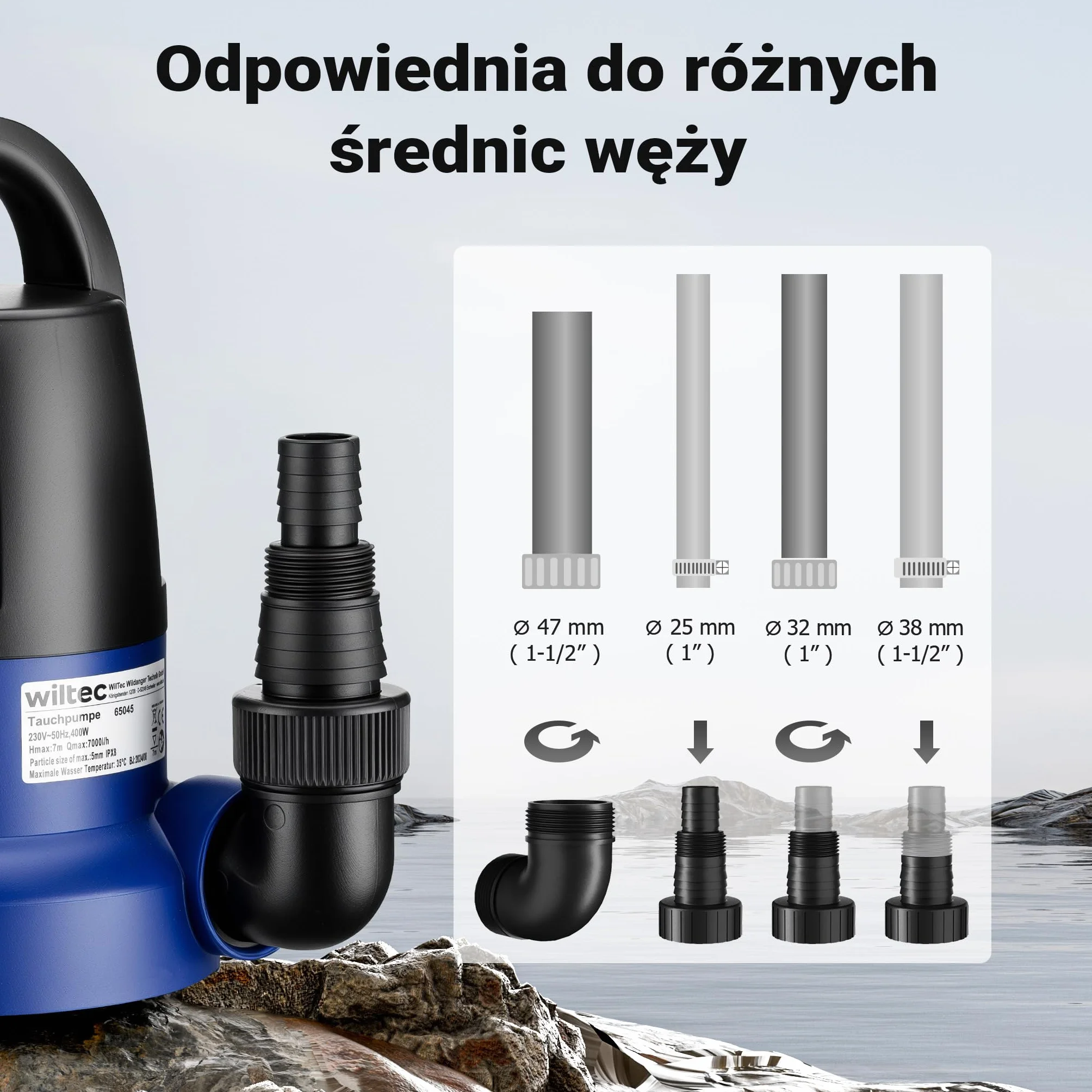 Wiltec Pompa zanurzeniowa 400 W 7000 l/h do szamba z czujnikiem płaskim ssaniem