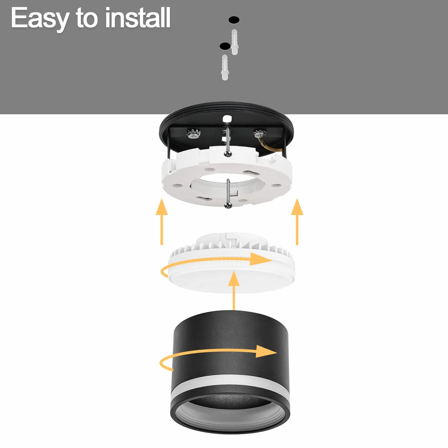 KYOTECH Czarny reflektor sufitowy LED Ø84x67mm z wymienną żarówką 6W GX53 - Ciepła biel 3000K 550LM Wewnętrzna lampa sufitowa z akrylowym pierścieniem