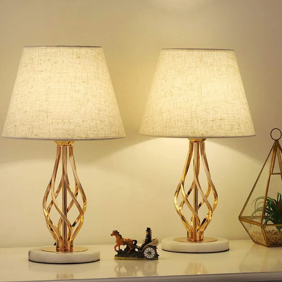 LIANTRAL Lampki nocne, Lampa nocna, 2-częściowy zestaw – nowoczesna lampa stołowa do sypialni, salonu, Marmurowa podstawa i lniany klosz, Złota ramka