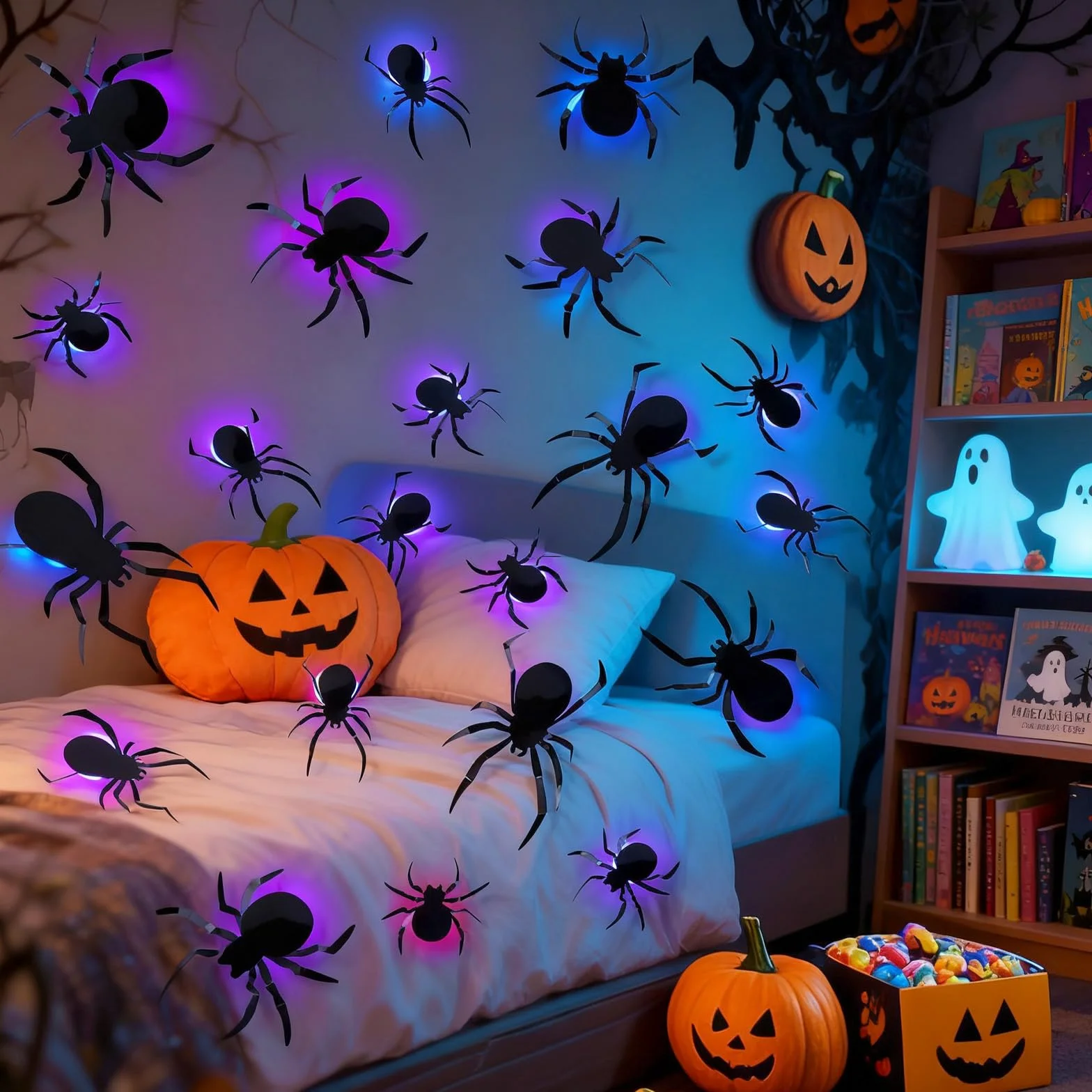 ALEGRE Dekoracja Halloween pająki 3D LED świecące naklejki ścienne 4 rozmiary