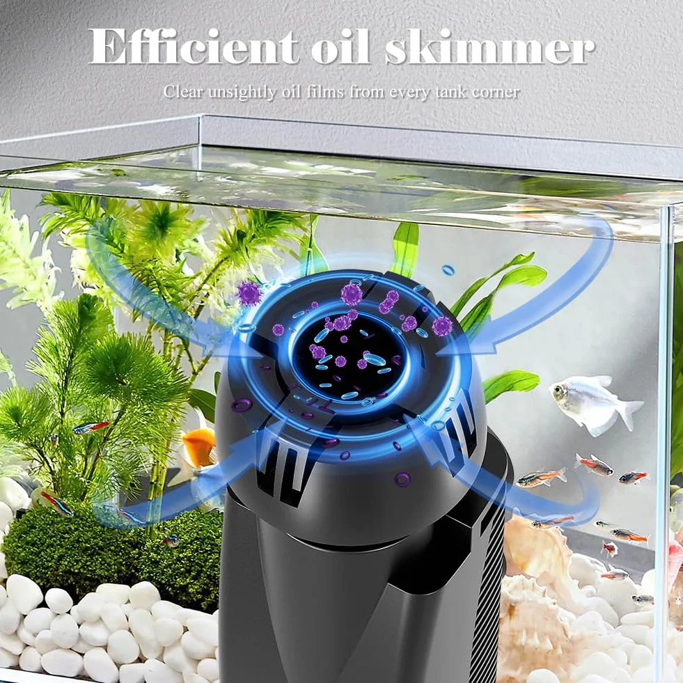 Skimmer do akwarium z bio-gąbką i przyssawkami, zbiornik na ryby, odkurzacz powierzchniowy, filtr do akwarium o pojemności do 350 l, środek do usuwania filmu olejowego, pompa filtrująca (300 l/wys. 4
