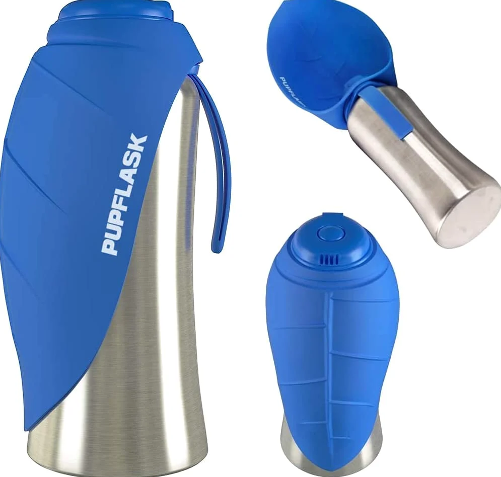 PupFlask Duża Butelka na Wodę dla Psa - 800 lub 1200 ml, Stal Nierdzewna, Wygodny Dozownik, Podróżna Miska, Przenośna i Szczelna