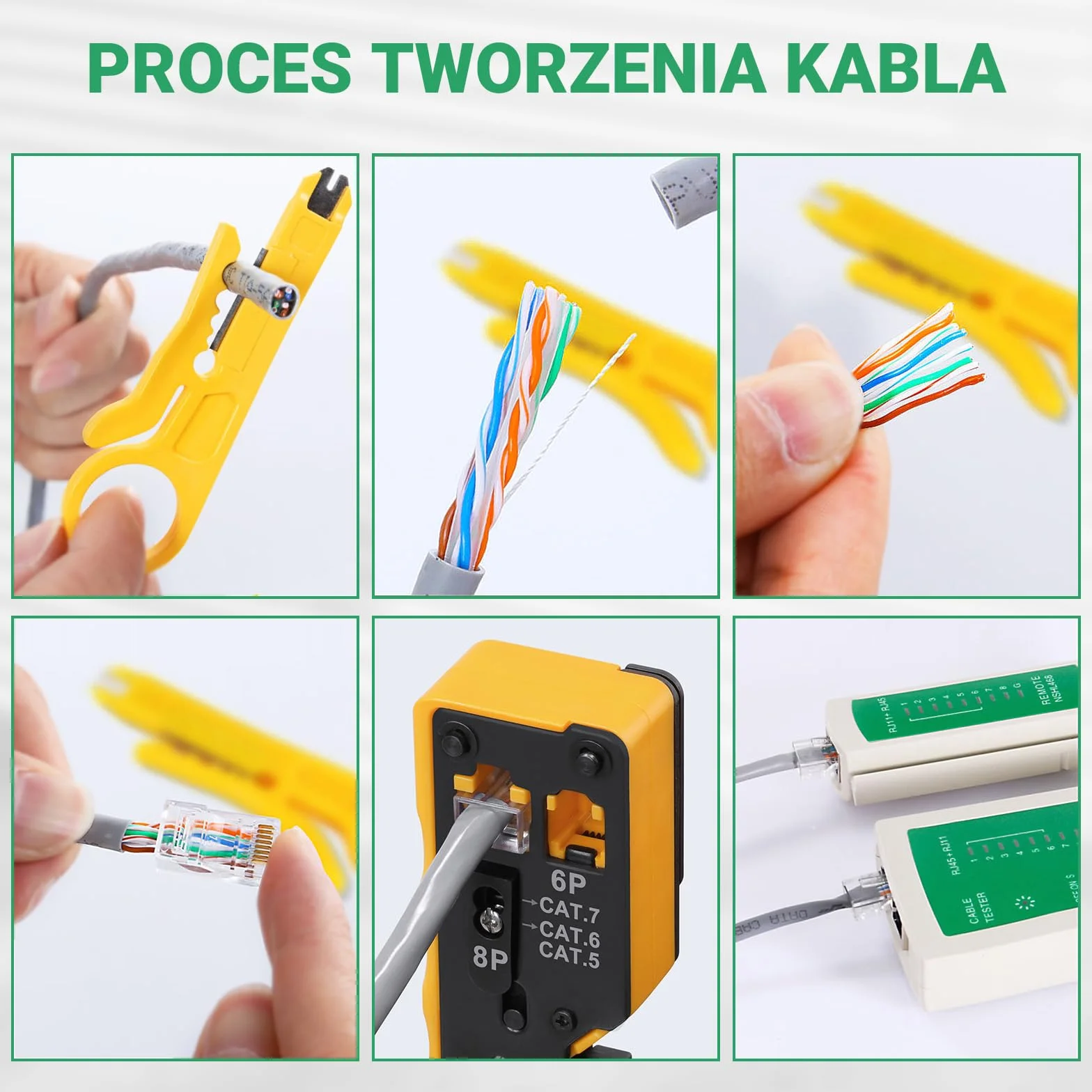 SGILE Zestaw Narzędzi do Zaciskania RJ45, Wielofunkcyjna Zintegrowana Maszyna Cat5 Cat6 Cat7, Zestaw do Testowania Kabli LAN Konserwacji Komputera, Kompletny Narzędzi Konserwacji Sieci