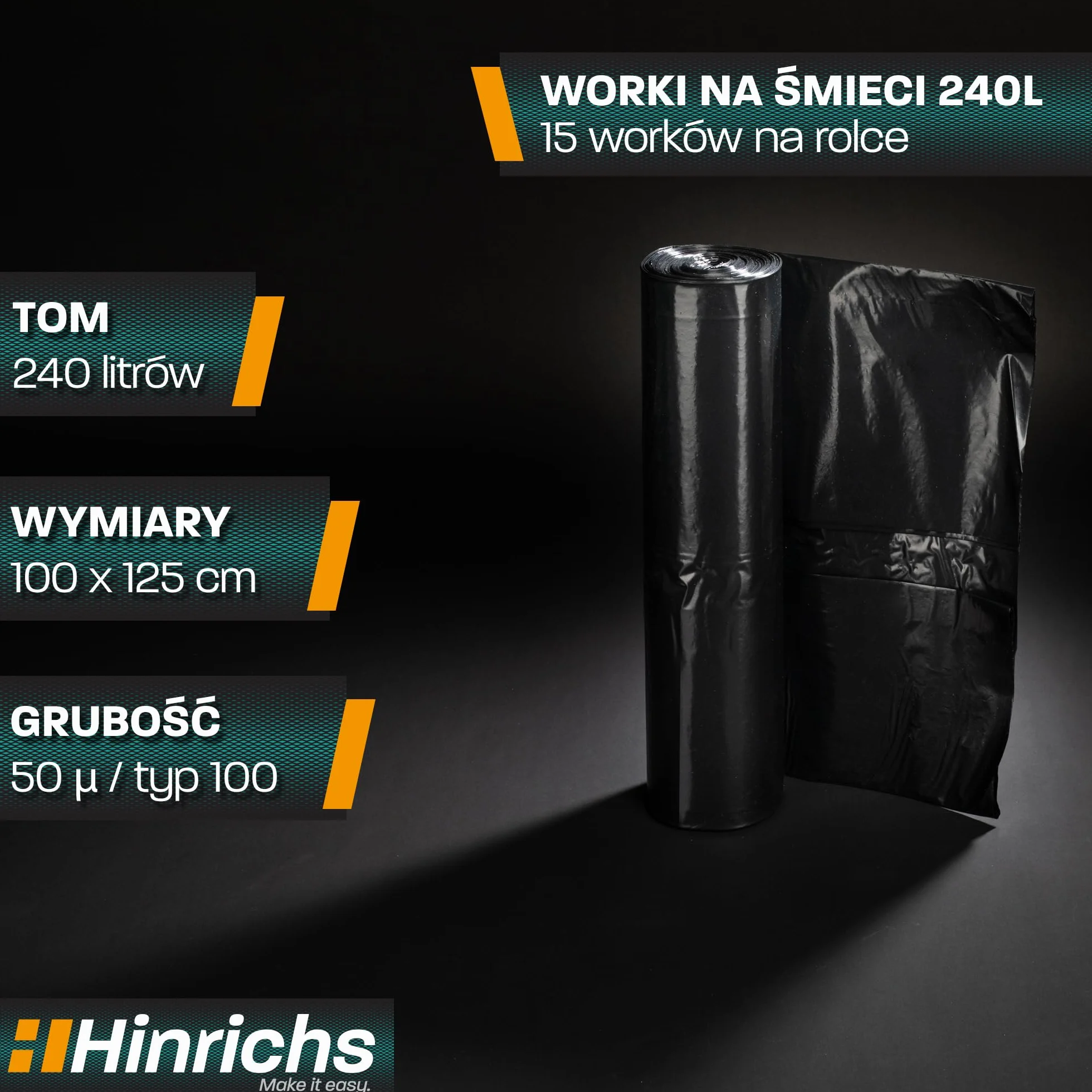 Hinrichs Worki na śmieci 240 l 100 x 125 cm rolka 15 sztuk czarne LDPE
