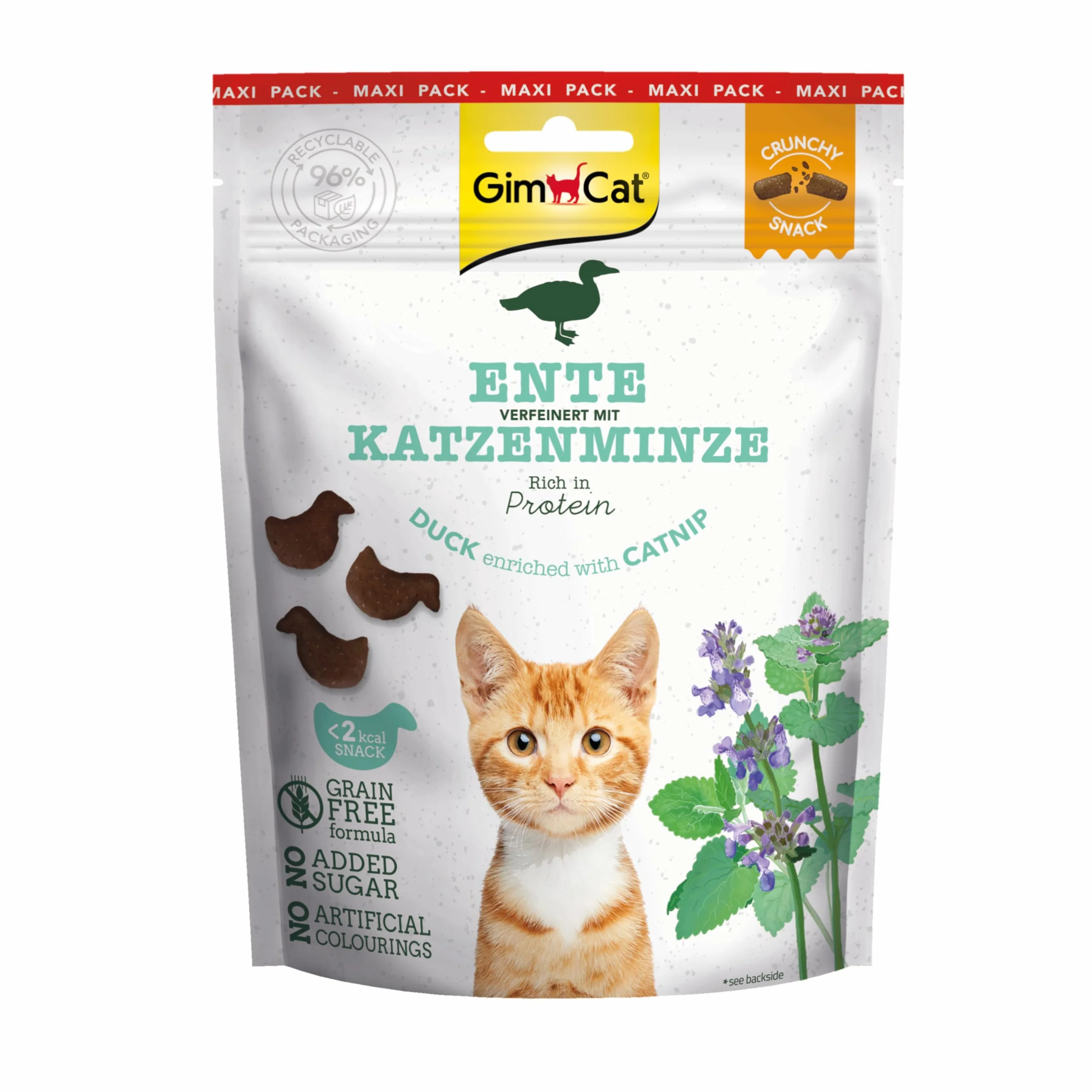 GimCat Crunchy Snacks Kaczka z kocimiętką – chrupiące i bogate w białko przysmaki dla kota – 1 worek (1 x 140 g)