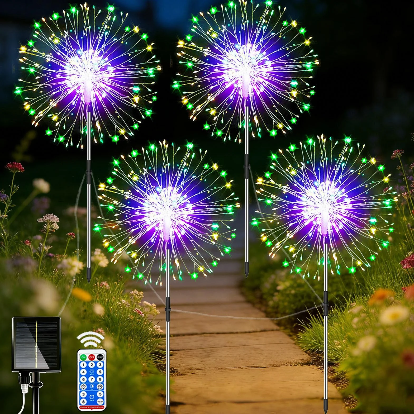 yowin Gartendeko Zestaw 4 lamp solarnych na zewnątrz, 120 diod LED, mniszek lekarski, 8 trybów, odporna na warunki atmosferyczne, do ogrodu, na balkon, taras, wielokolorowa