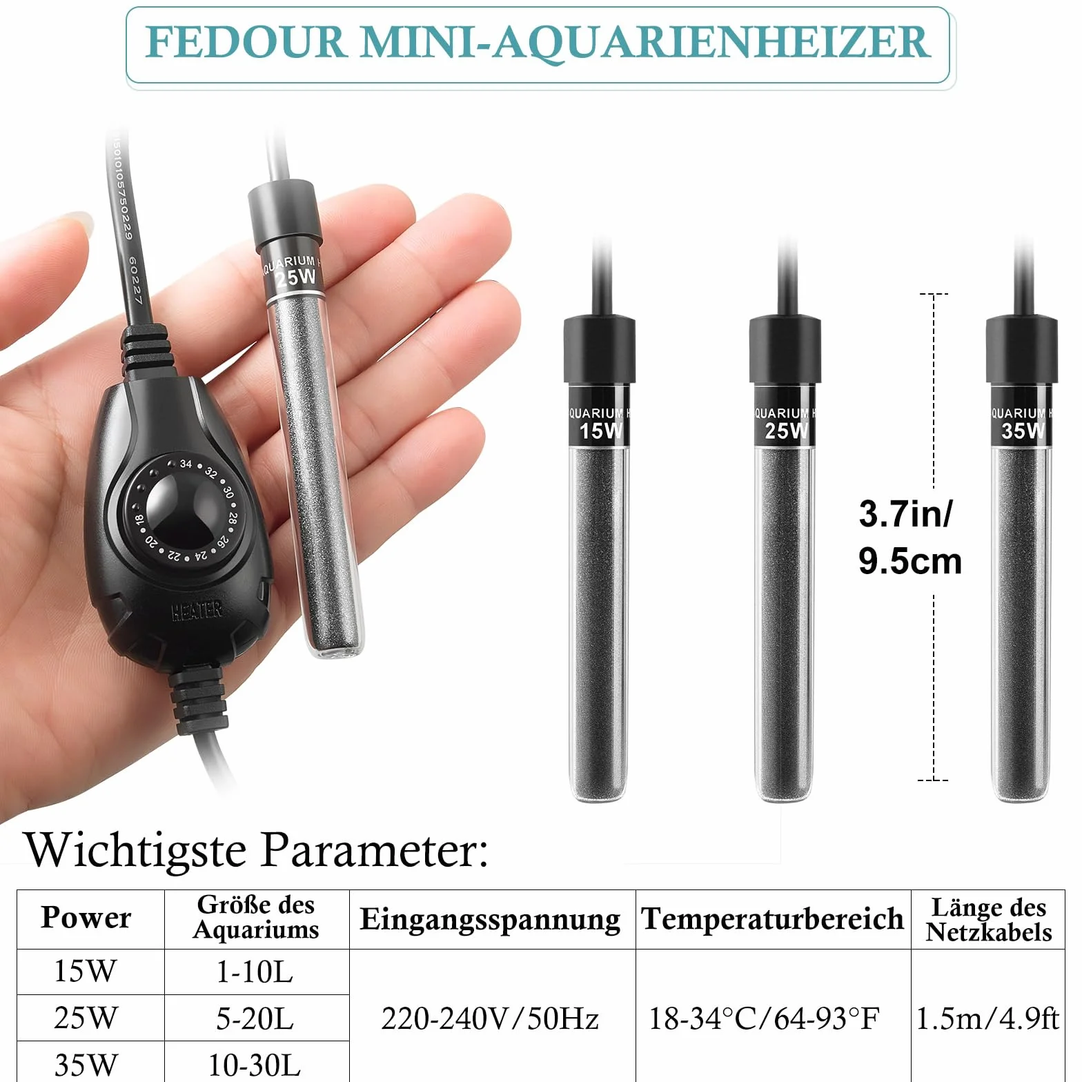 FEDOUR Mini grzałka do akwarium 15W/25W/35W Zanurzalna 1-30L z zewnętrznym regulatorem temperatury