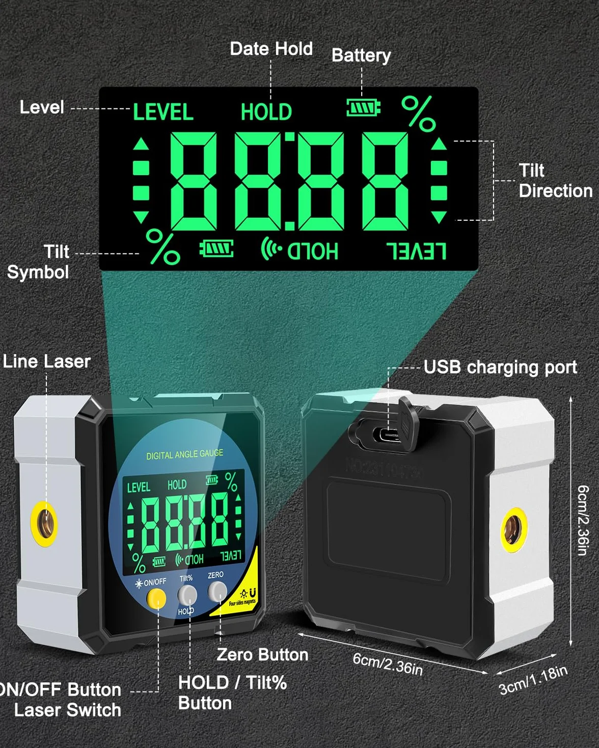 Cyfrowy kątomierz laserowy, poziomica laserowa Lytool z czterostronnym magnesem, dwustronnym laserowym wyświetlaczem LCD, interfejsem Type-C - magnetyczna skrzynka skośna do obróbki drewna, budownictw