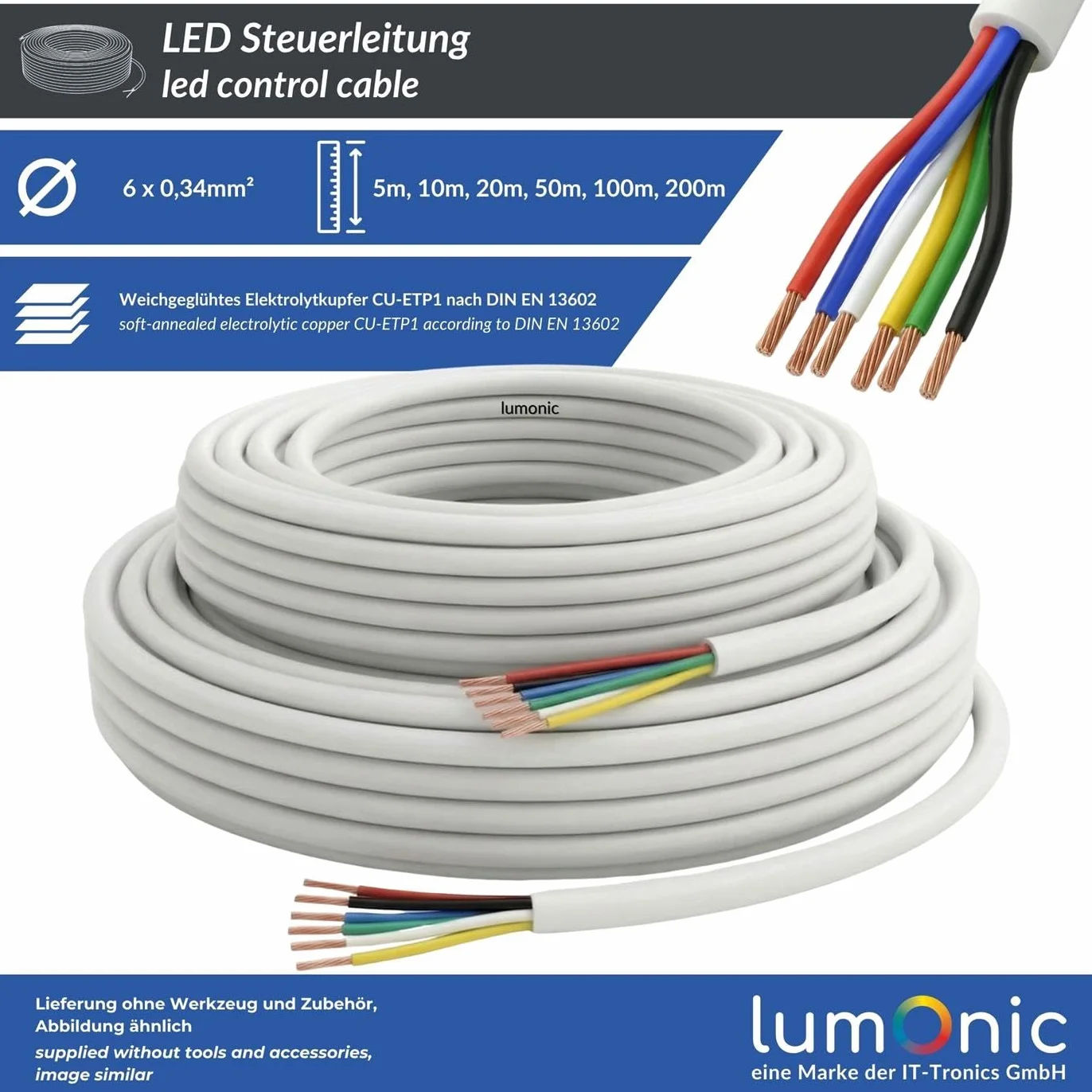Lumonic 6x0,34mm² RGBW CCT LED Kabel sterujacy 10m | 6-zylowy elastyczny przewód w oslonie | LiYY Rozszerzenie, Kabel zasilajacy, Przewód zasilajacy LED, Kabel sterujacy