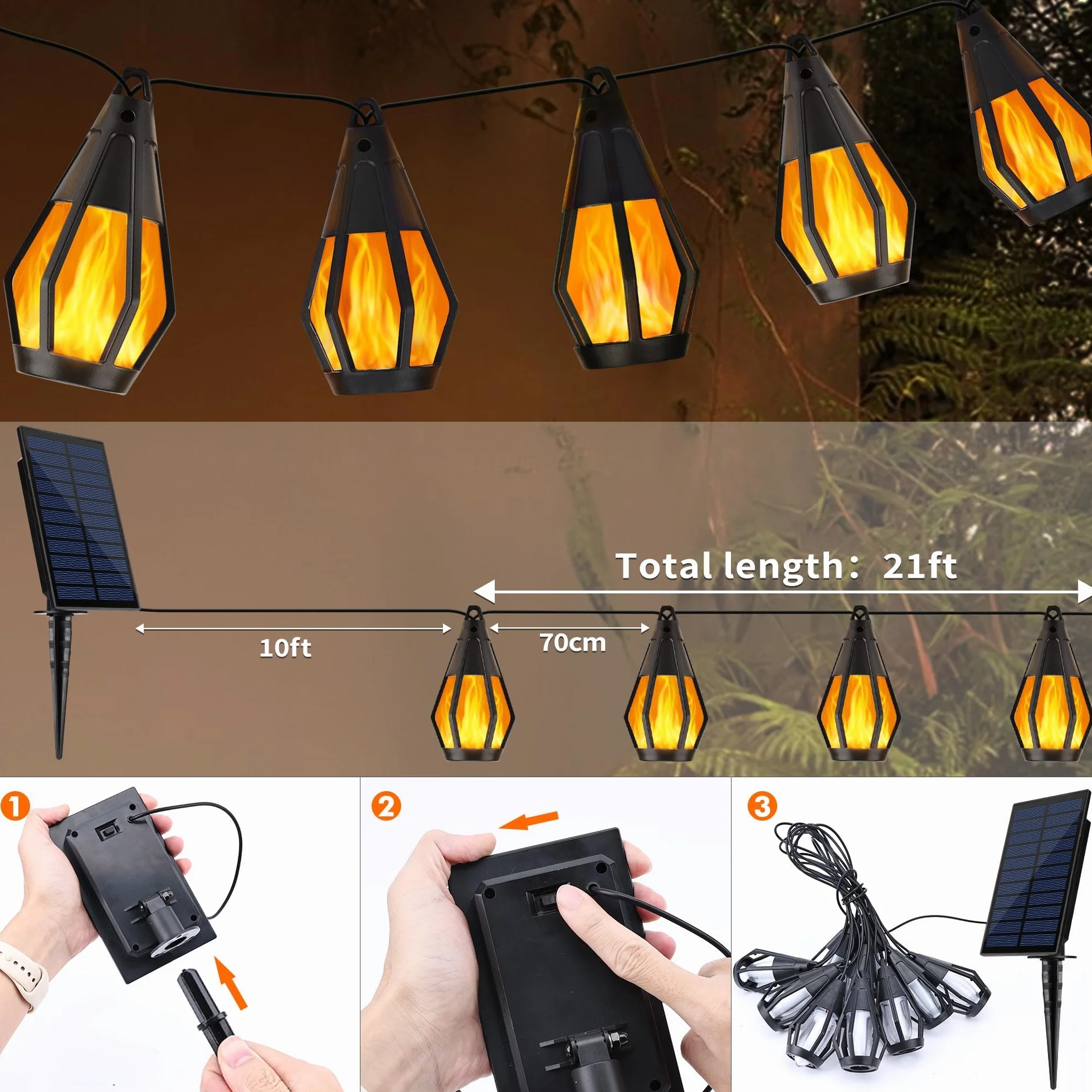 Geemoo Solarna girlanda świetlna 6,3 m zewnętrzna lampa solarna migoczący płomień wodoszczelna