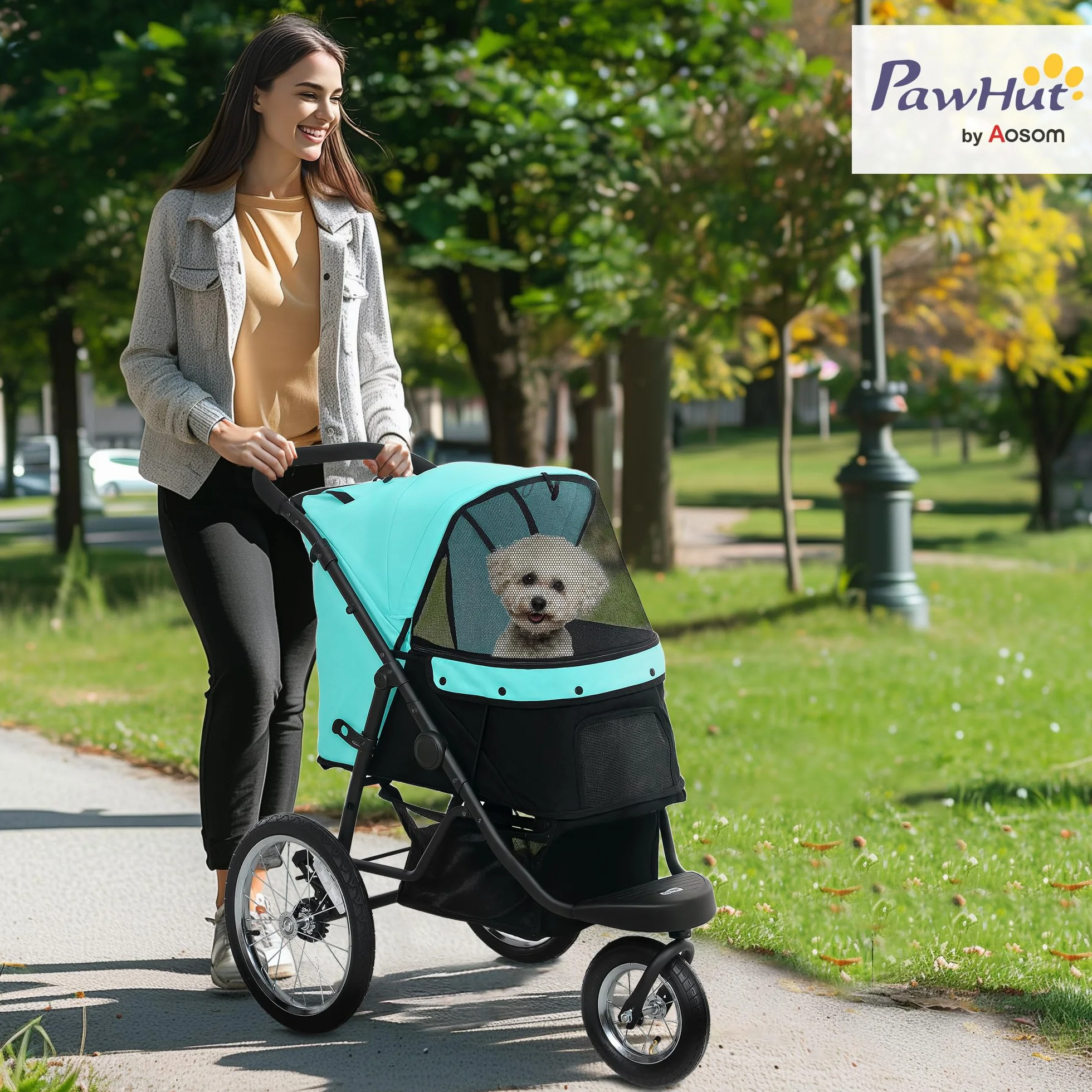 PawHut Wózek dla psów jogger wózek dla psów składany dla małych psów i kotów o wadze do 10 kg, wózek dla kotów z 3 dużymi gumowymi kółkami, poduszka z okienkiem siatkowym, kosz do przechowywania