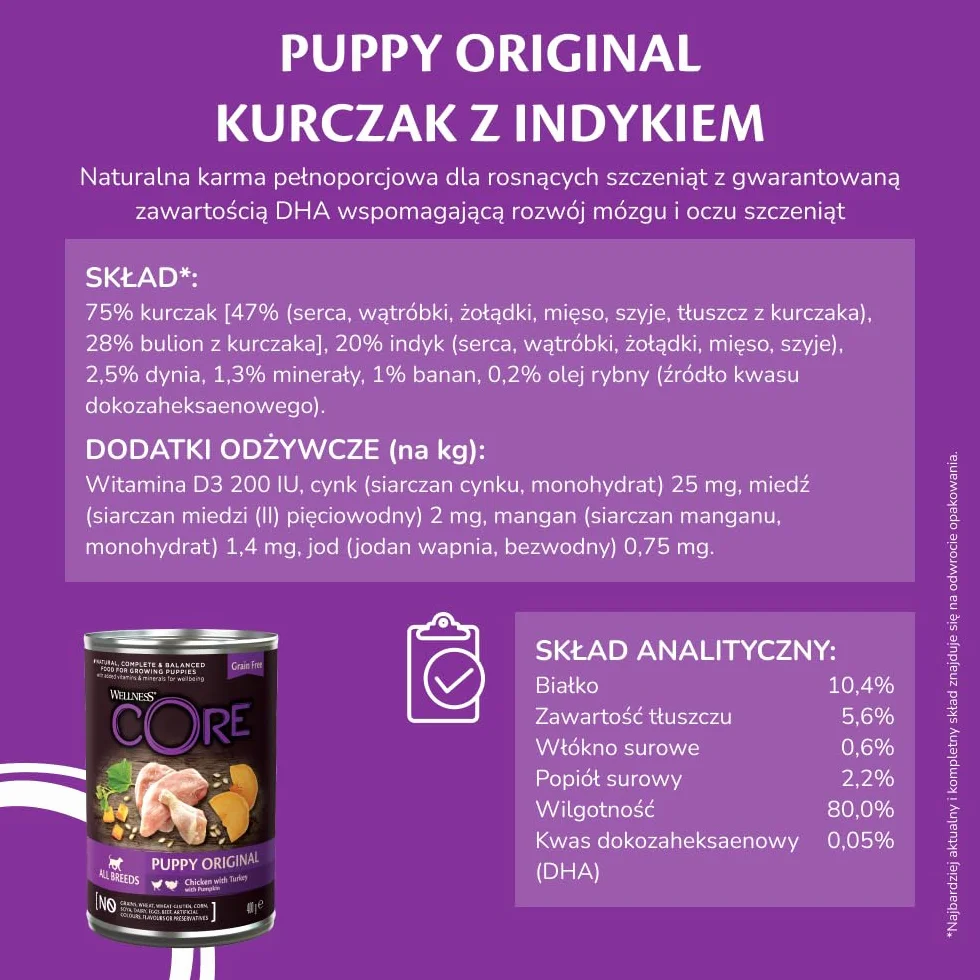 Wellness CORE 95% 6 x 400g, Kurczak i Indyk – Mokra Karma, Pasztet typu Chunky dla Szczeniąt, Bezzbożowa, Naturalna, Hipoalergiczna, Bogata w Białko, o Wysokiej Zawartości Mięsa
