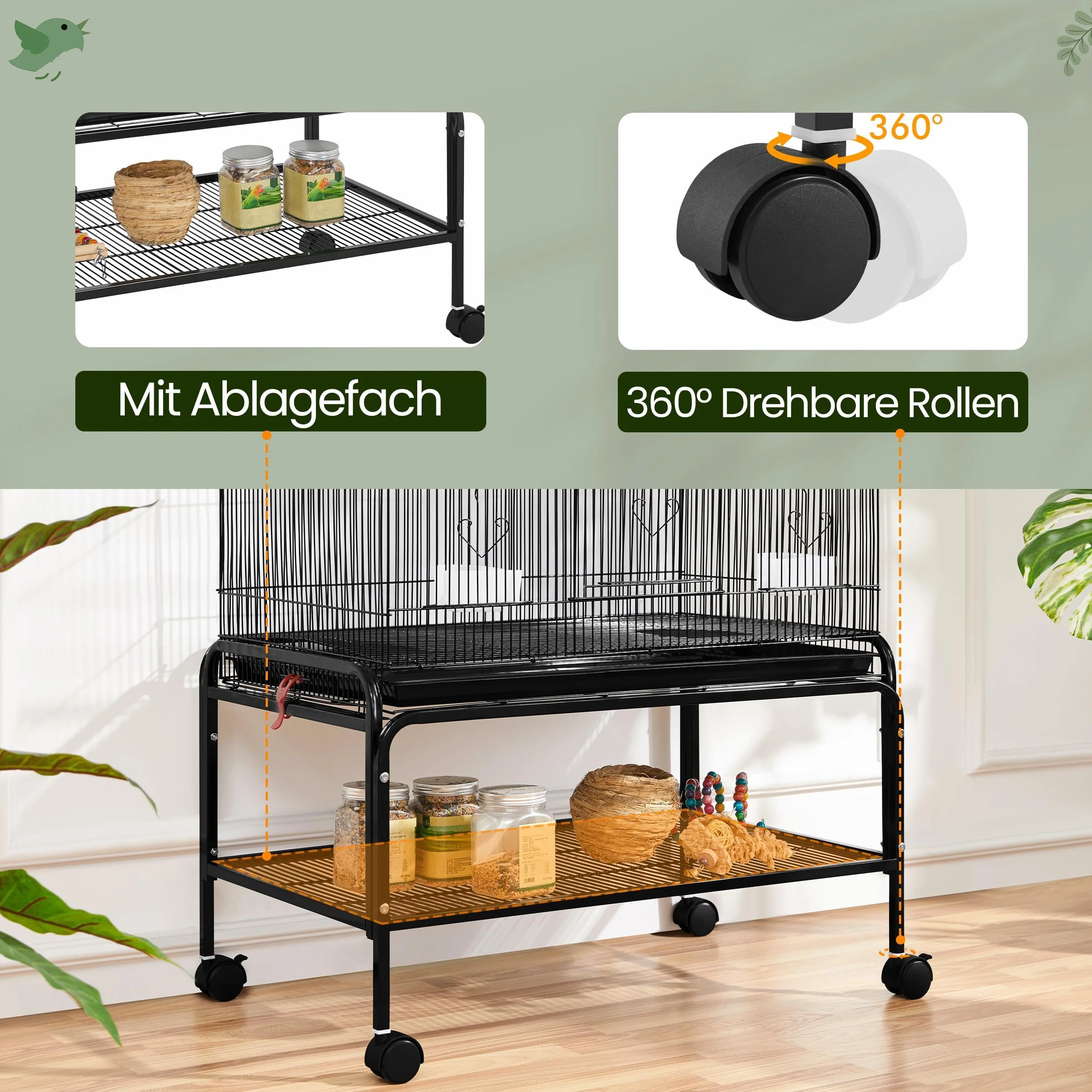 Yaheetech Klatka dla ptaków duża 79x49x134,5 cm woliera z 3 drążkami 6 drzwiami 4 miski na karmę wannę