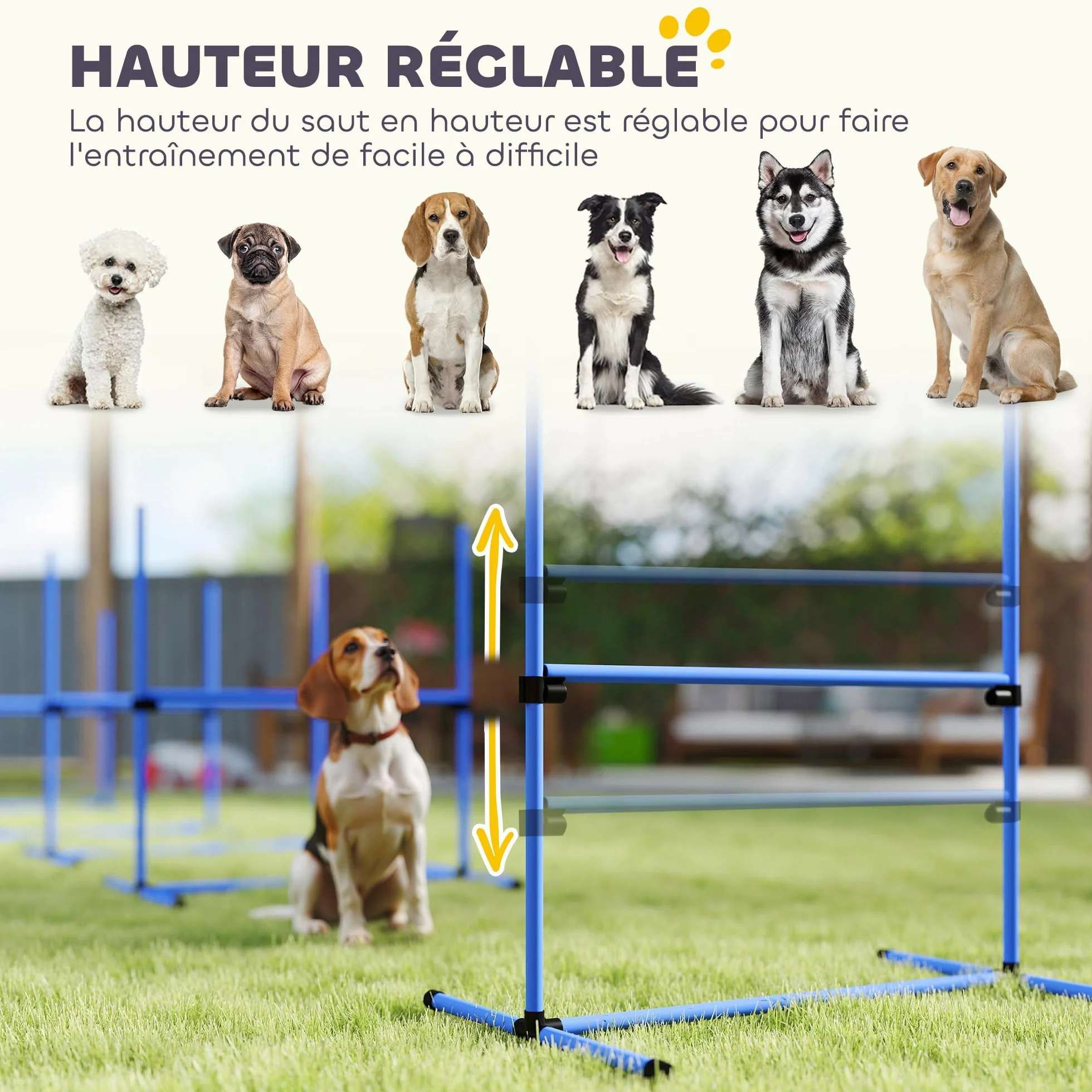 PawHut Zestaw Agility dla psów Zwinność Psów Kurs Zwinność Pies Zestaw 4 przeszkód zawodowych Regulowana wysokość z systemem podparcia podłogi 99 l x 65 l x 94H cm Dostarczona torba transportowa
