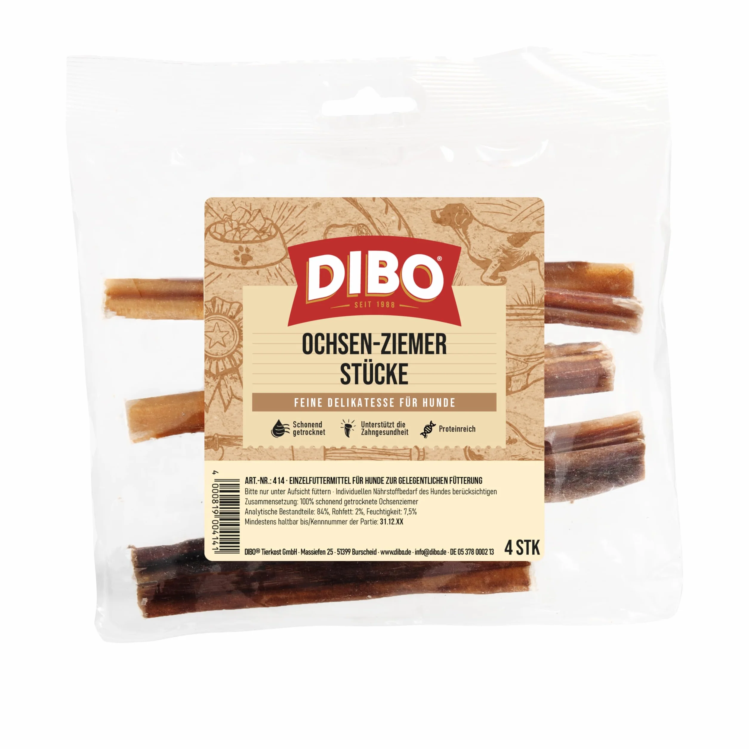 DIBO Kawałek do żucia dla psów 12 cm 4 sztuki naturalny smakołyk