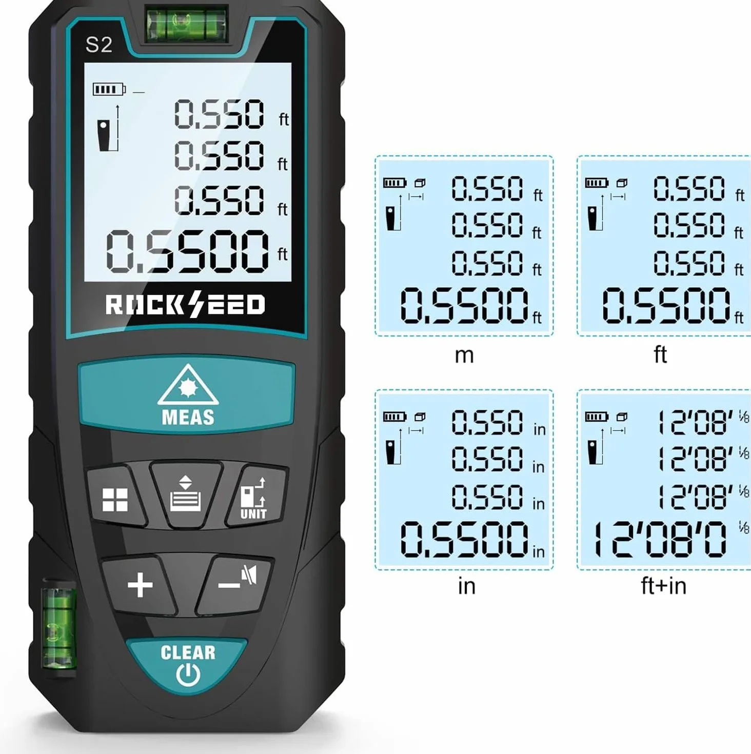 Dalmierz laserowy 50M, cyfrowy dalmierz laserowy RockSeed z 2 poziomicami,przenośny dalmierz laserowy M/in/ft podświetlanego wyświetlacza LCD i pomiar odległości/obszaru/objętości/pitagorasa