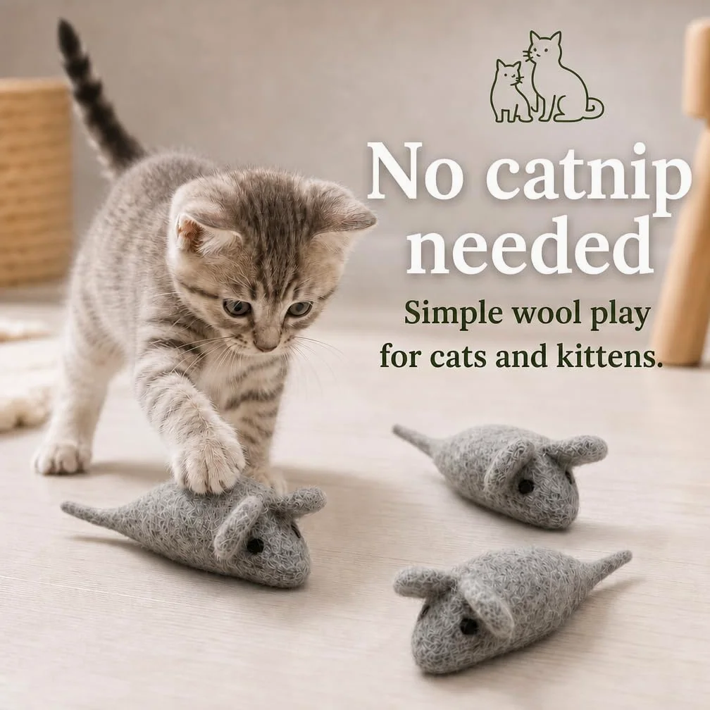 Felt Cat Toys - 3 wełniane zabawki z myszy dla kotów i kotów, kolor may vary, duże, ręcznie robione mice