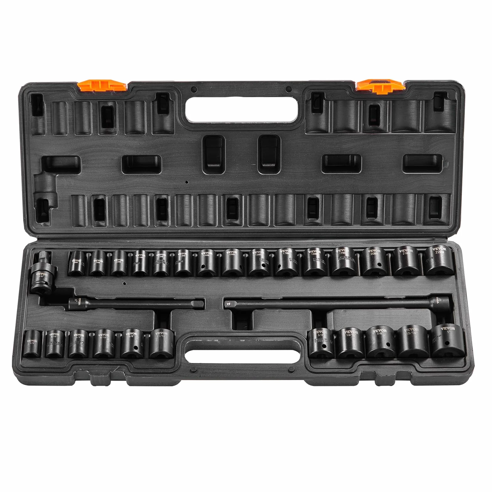 VEVOR Zestaw nasadek udarowych 3/20.3 cm, 29-częściowy zestaw płytkich nasadek SAE 3/20.3 cm-2.5 cm i metryczne 8-22 mm, 6-punktowa stal stopowa CR-V do automatycznej naprawy, łatwe do odczytania