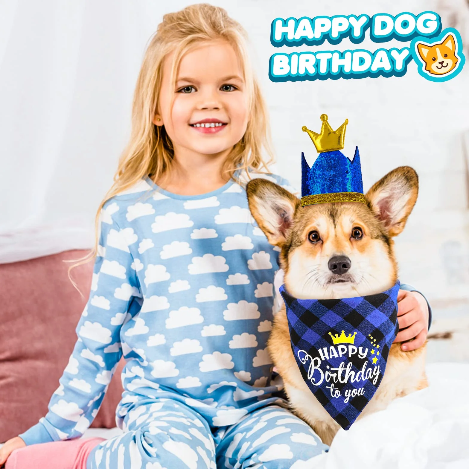 Cobee Urodzinowa bandana dla psa zestaw muszki, 3 sztuki artykuły na przyjęcie urodzinowe dla psa w kratę bandana błyszcząca korona czapka brokatowa muszka obroża dla małych średnich psów