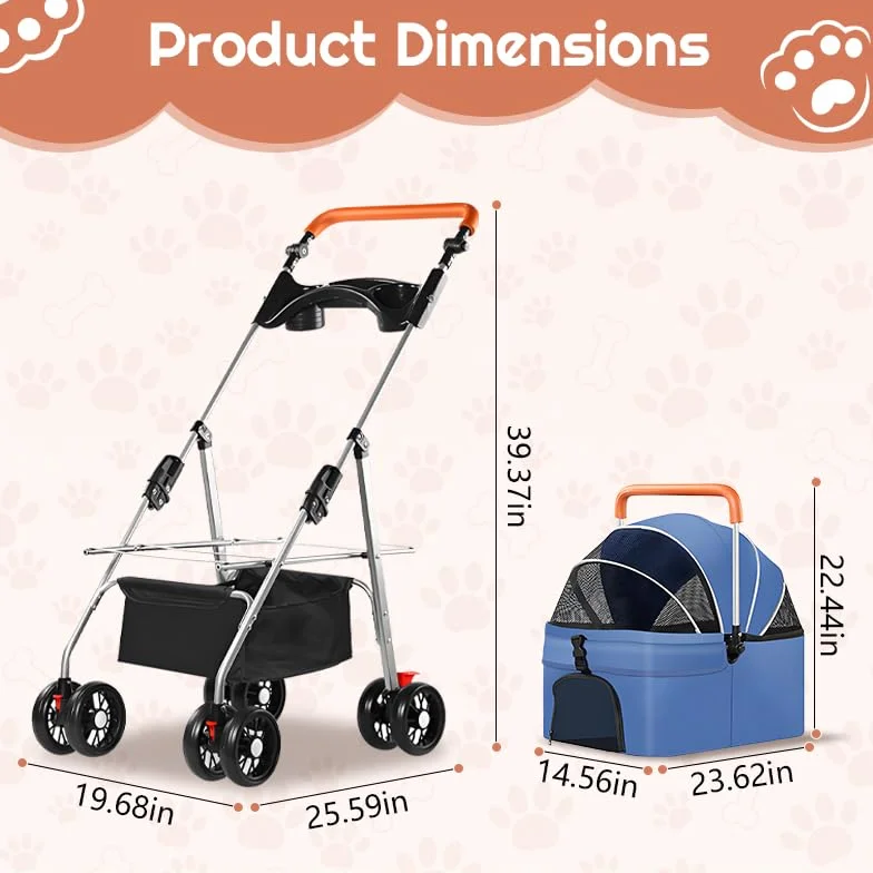 Simcat Wózek dla Zwierząt dla Małych Psów i Kotów, Składany Wózek dla Średnich Psów z 360° Opornymi na Zużycie Kołami z Gumy, Transporter dla Psów (Niebieski)