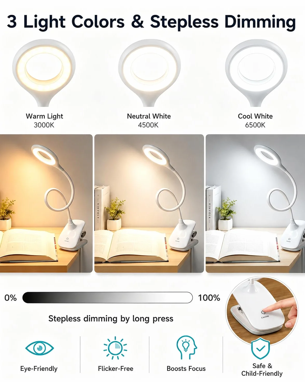 Lampka Zaciskowa do Łóżka dla Dzieci, LED Lampka do Czytania z Klipsem USB, 3 Kolory Światła, Dotykowe Ściemnianie, Lampka Nocna z Elastycznym Ramieniem do Pokoju Dziecka, Łóżka Piętrowego,biała