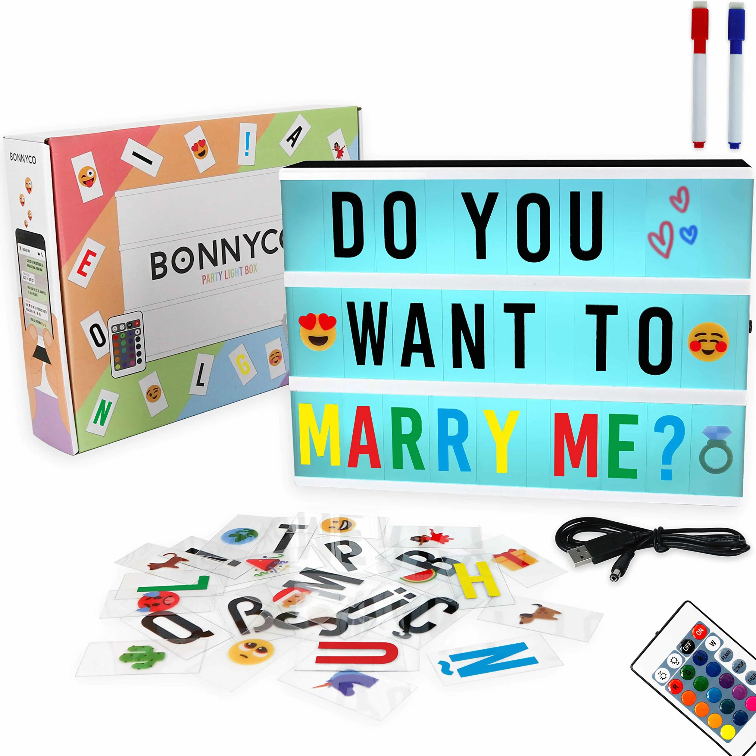 BONNYCO A4 Kinowy Lightbox Zmieniający Kolor z 400 Literami, Symbolami i Emoji, Pilotem i 2 Markerami. Led Lampka 16 Kolorów, Intensywności, Programów. Świecąca Tablica Nowość Prezenty