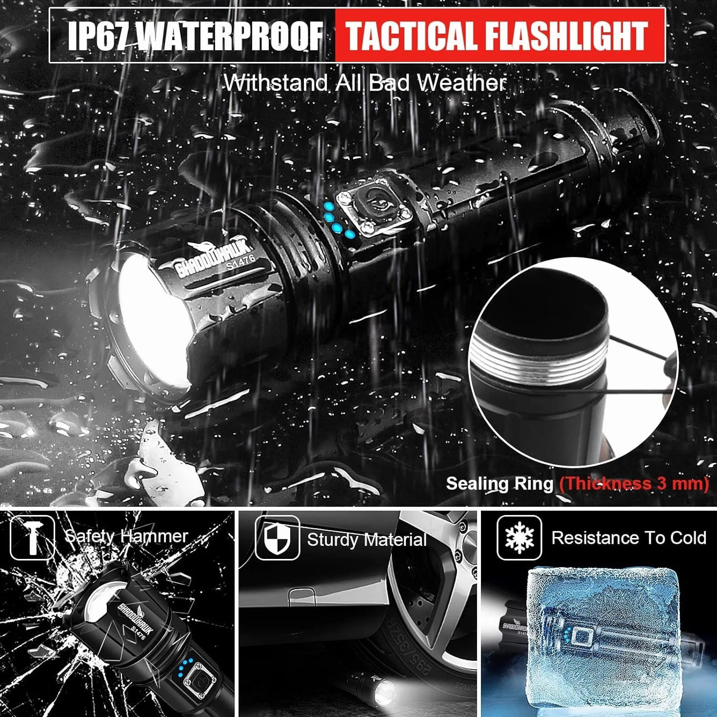 Shadowhawk Latarka LED XHP70.2 500000 lumenów IP67 USB ładowana 5 trybów